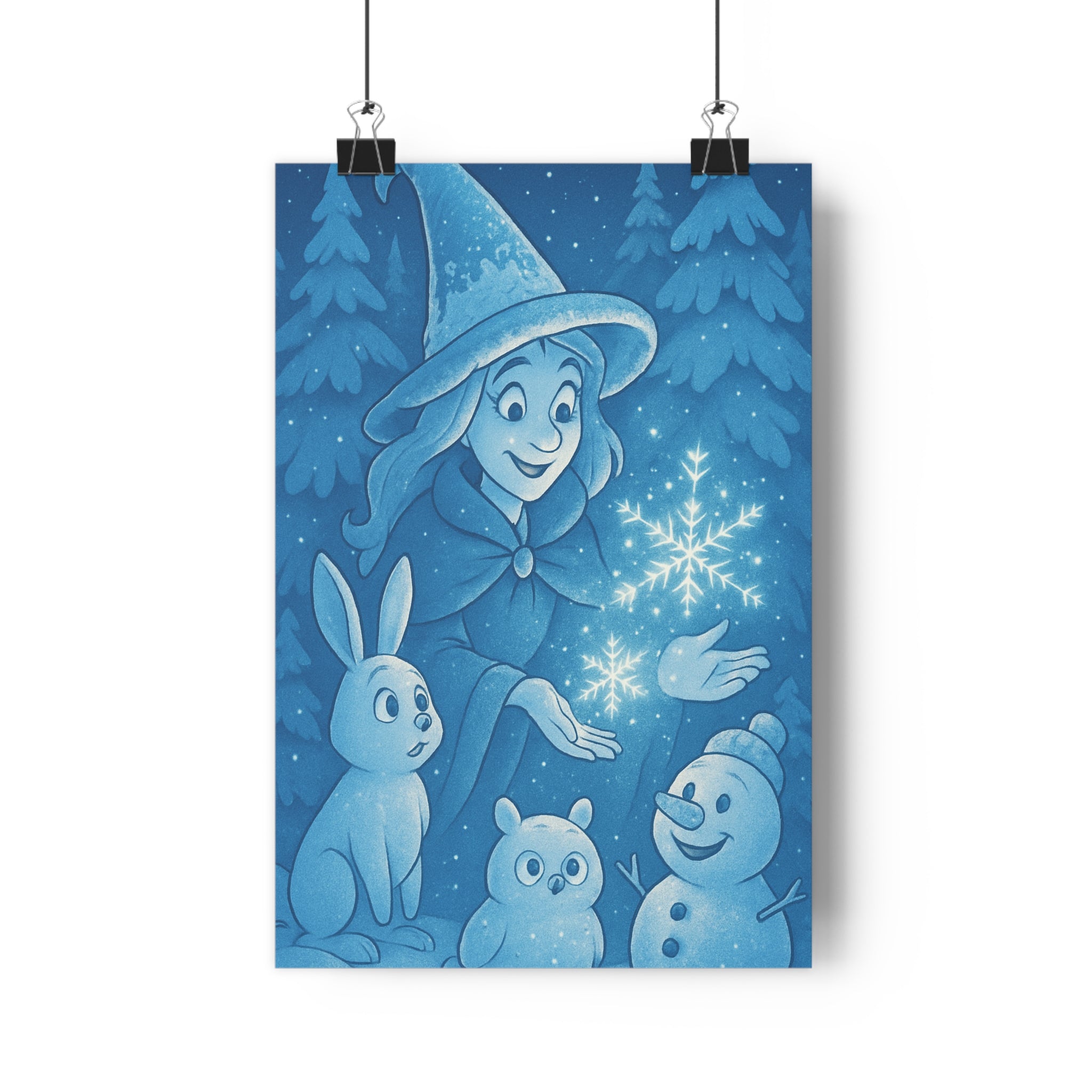 Poster décoratif sorcière hivernal bleu cartoon mystique chambre enfant forêt neige magique captivant qualité
