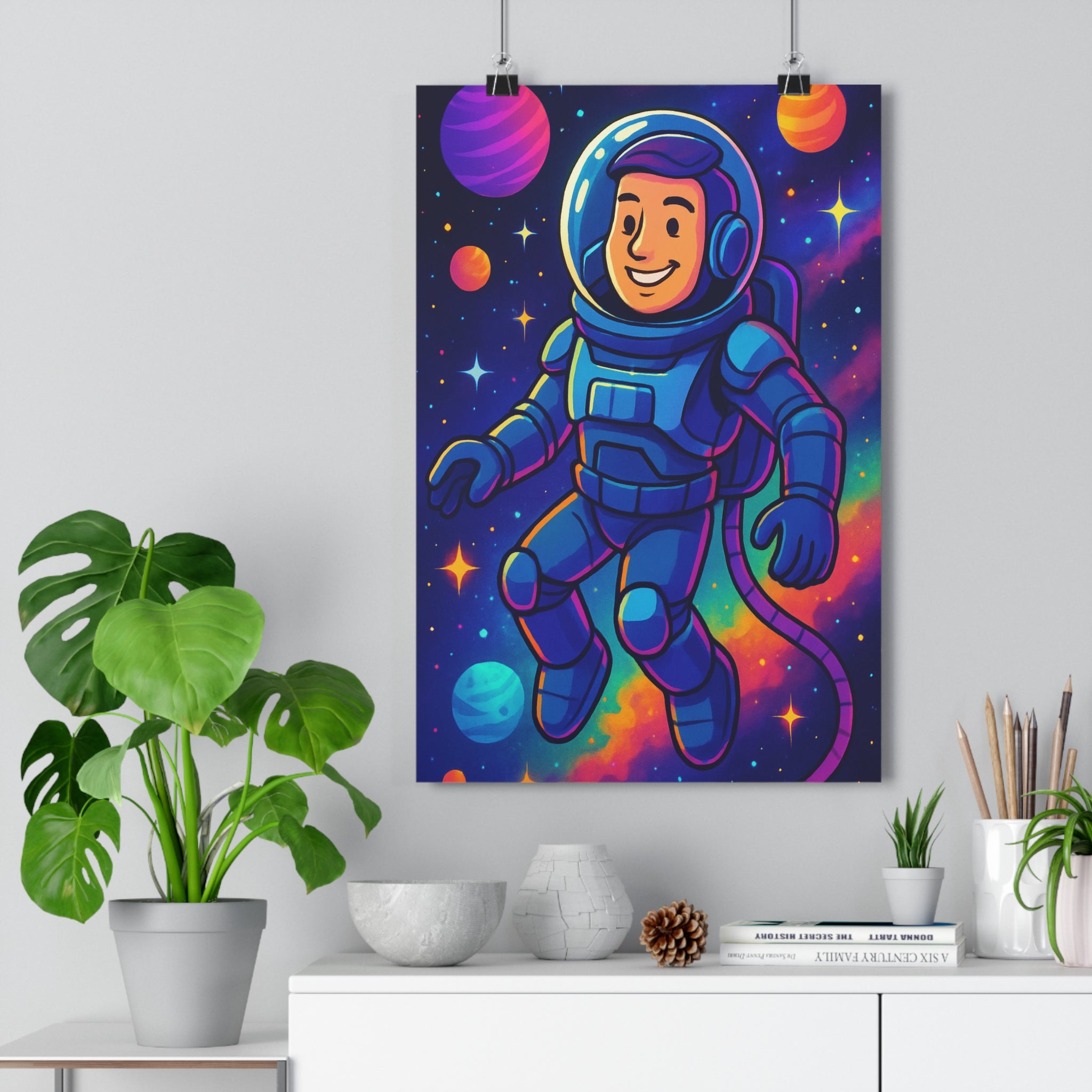 Poster décoratif astronaute cartoon bleu violet orange enfant ludique espace étoiles aventure dynamique 30x46