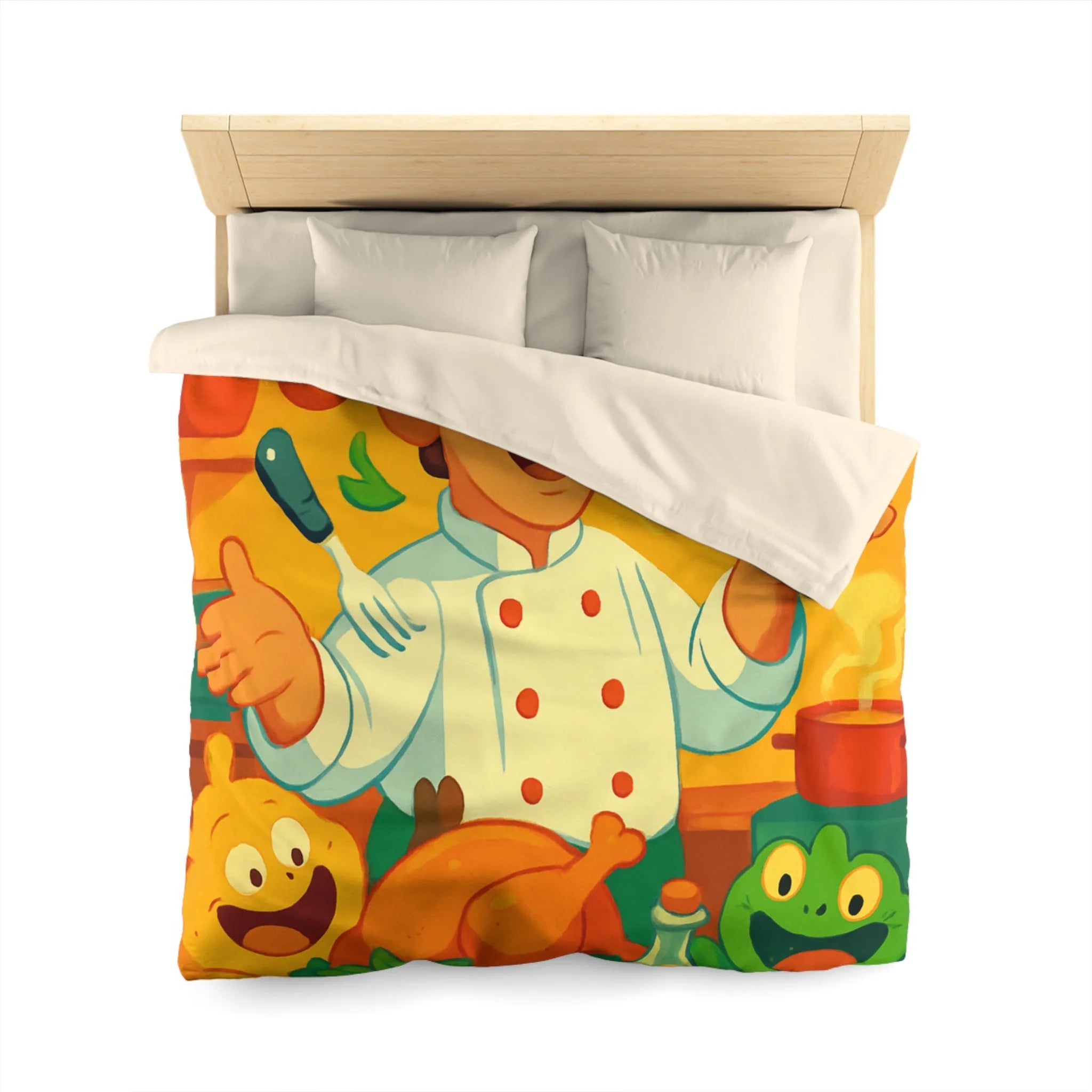 Housse de couette colorée avec chef animé, légumes et ustensiles pour enfants