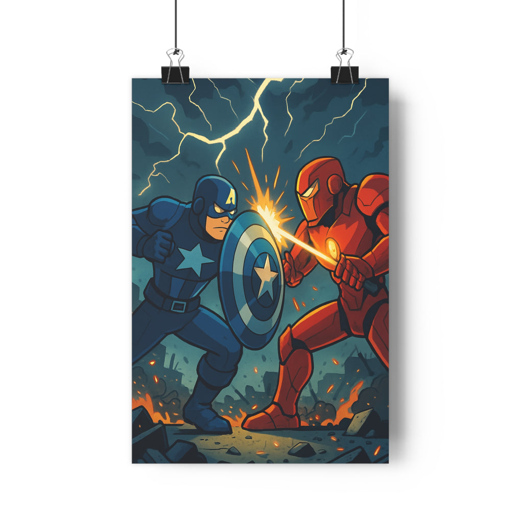 Poster décoratif cartoon épique bleu rouge chambre enfant aventure dynamique héros bataille confrontation éclairs