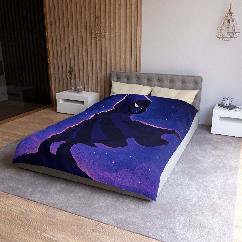 Housse de couette mystérieuse avec silhouette en cape sous un ciel étoilé magique