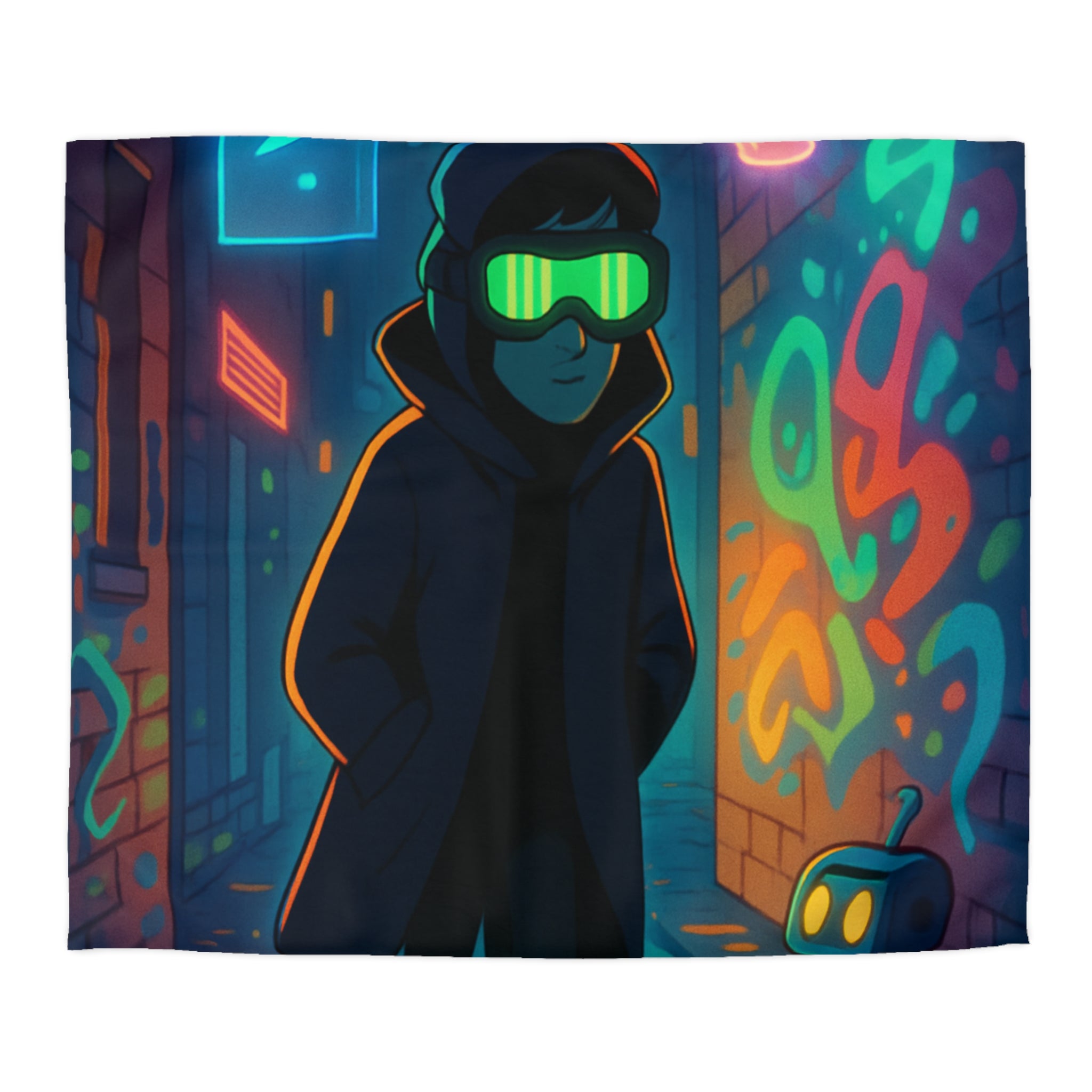 Housse de couette néon, ruelle urbaine cyberpunk avec technologie futuriste et graffitis colorés