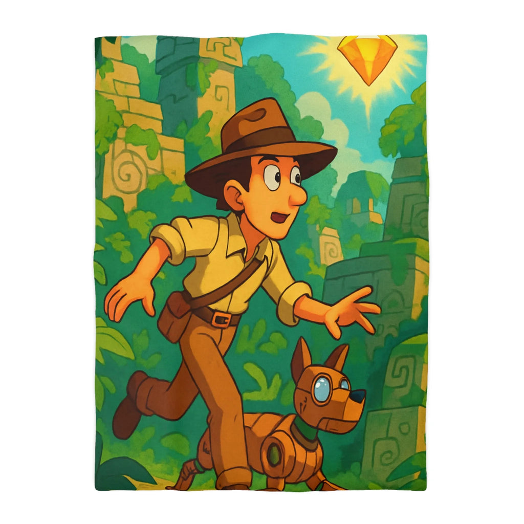 Housse de couette aventure jungle avec personnage explorateur et chien robotique animé