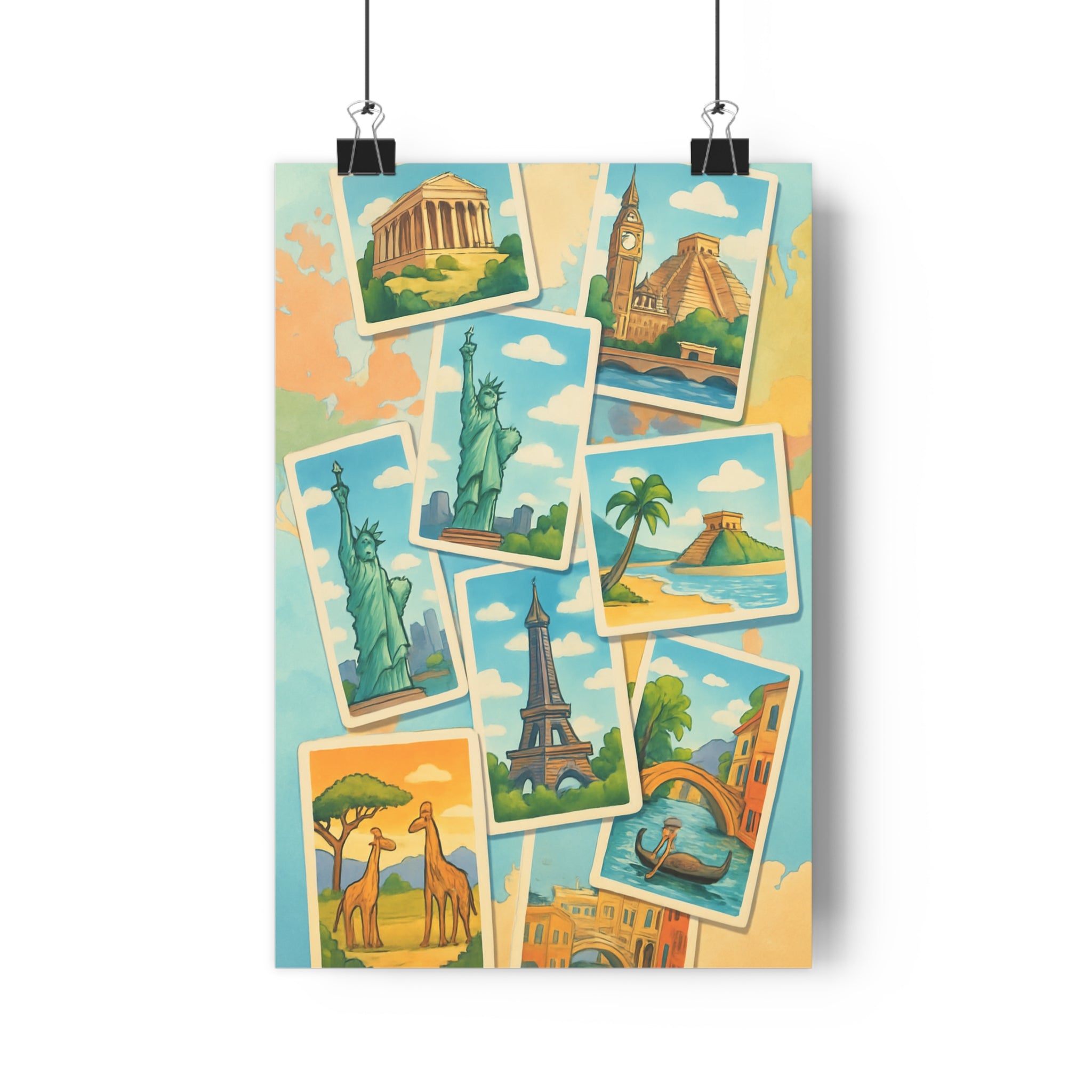 Poster décoratif dessin animé monuments célèbre coloré joyeux salon chambre enfant vibrant unique global