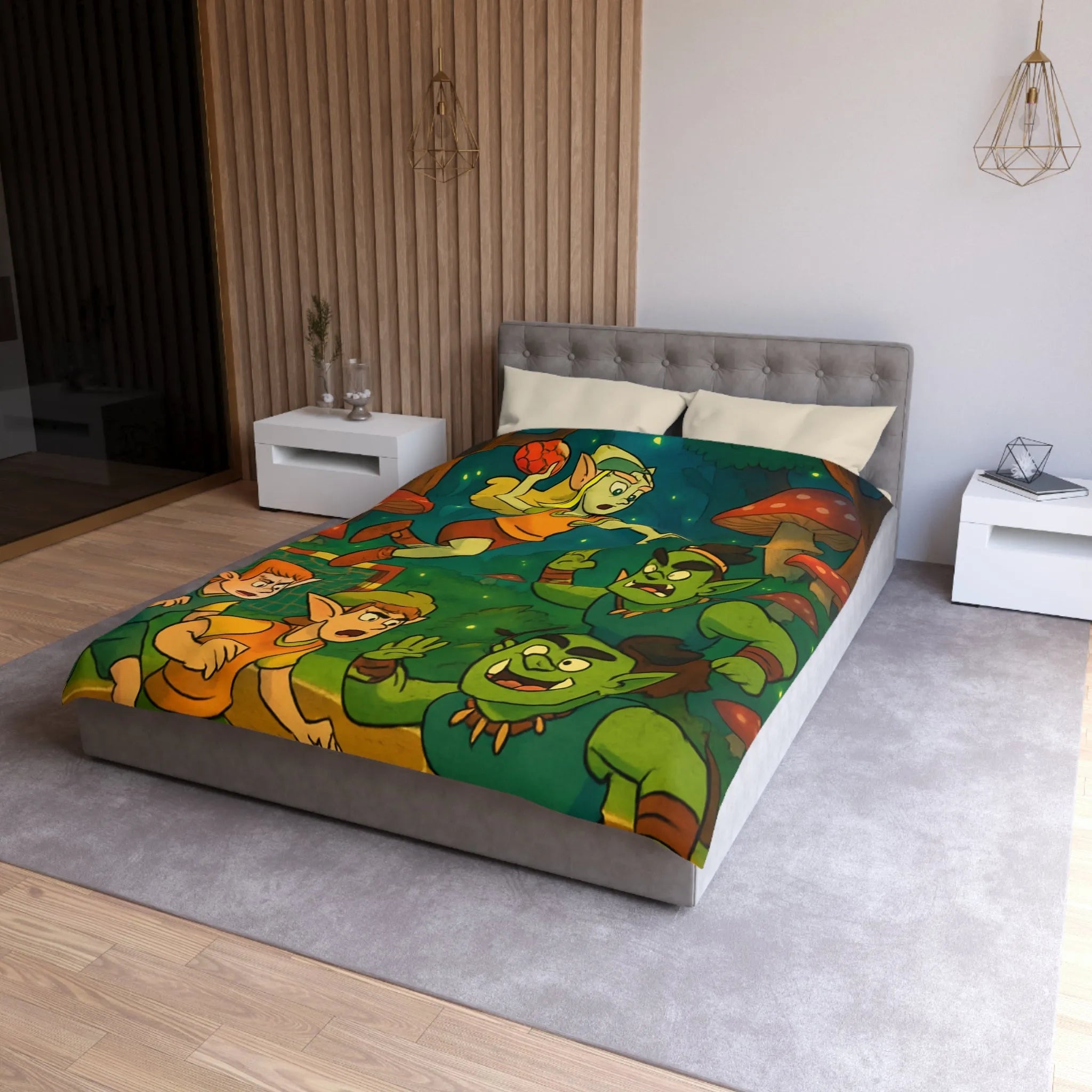 Housse de couette d’elfes joueurs de handball dans une forêt magique illuminée