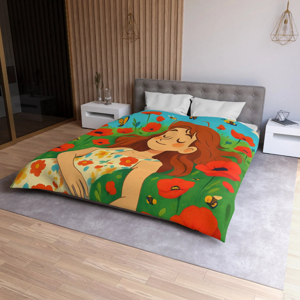 Housse de couette colorée avec motif floral et personnage rêveur en été ensoleillé