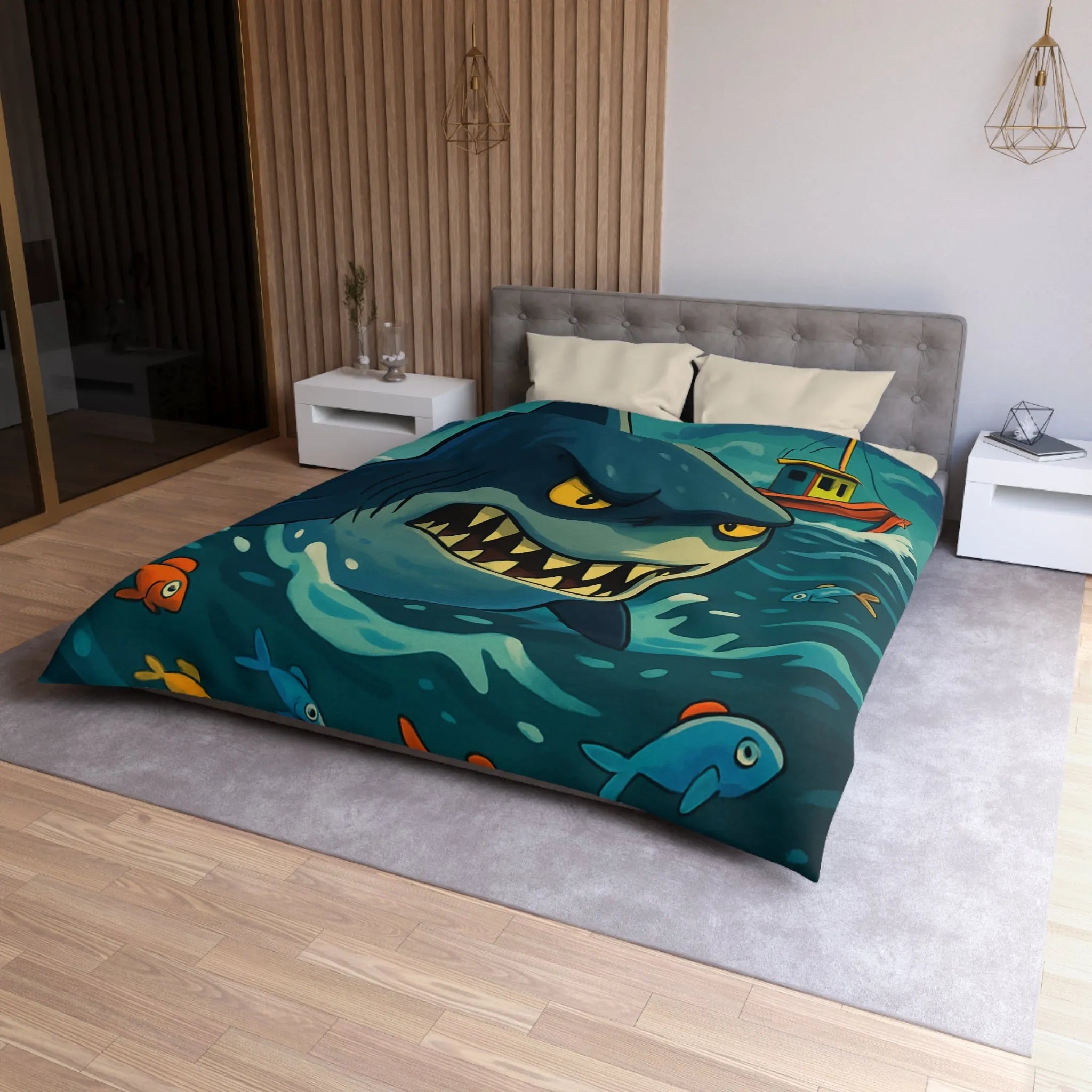 Housse de couette avec requin cartoon effrayant et poissons colorés en mer orageuse