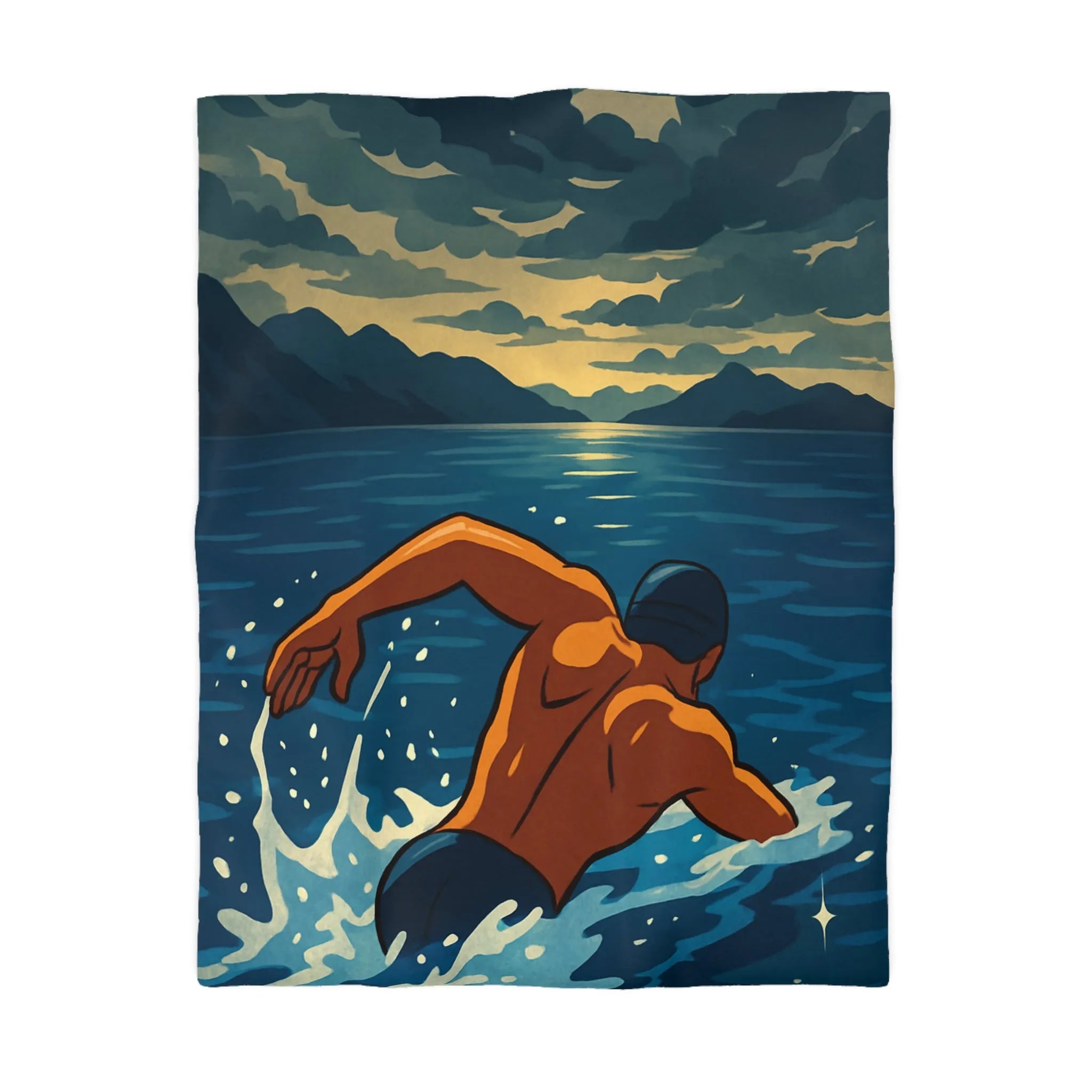Housse de Couette avec Nageur Solitaire au Clair de Lune sur Océan Étincelant
