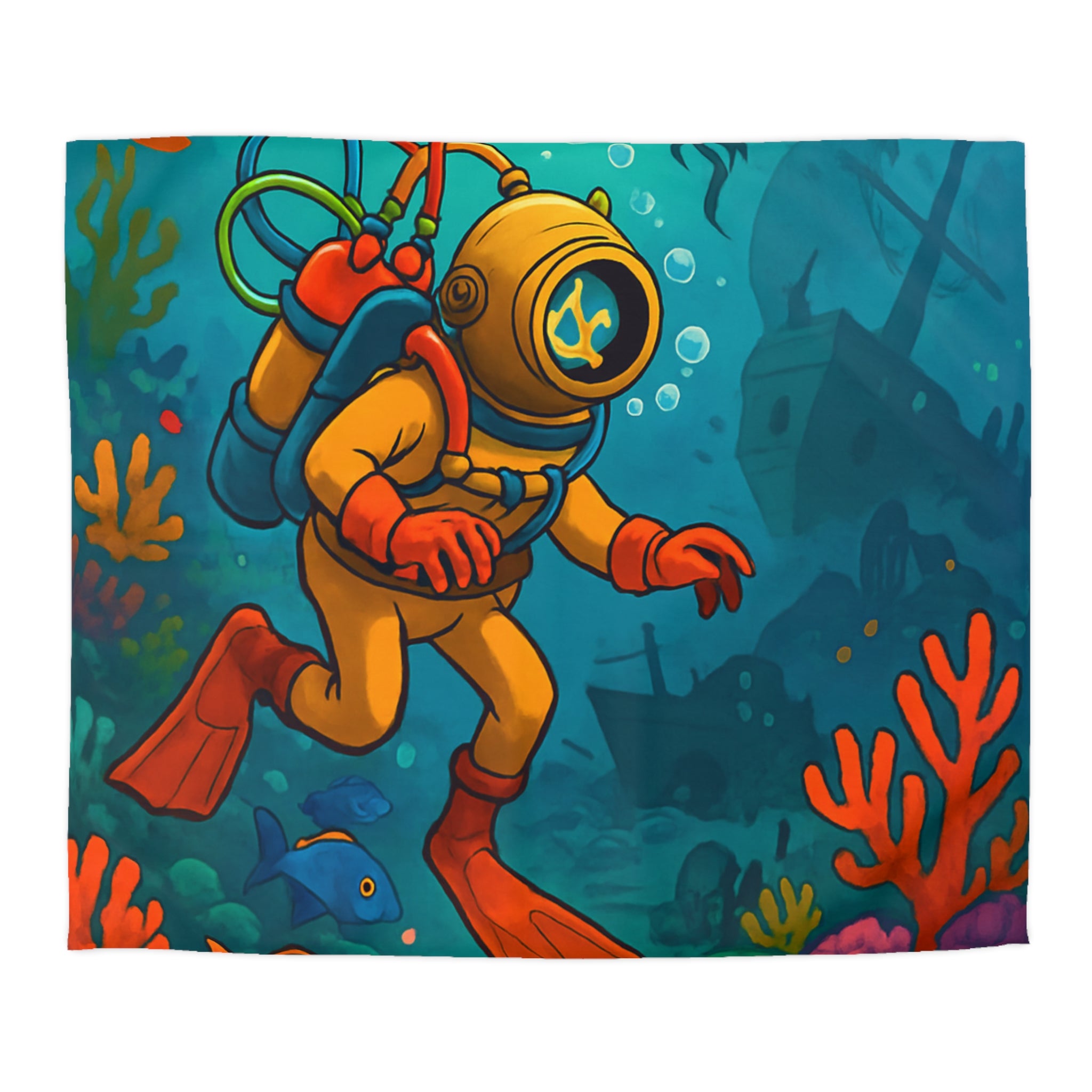 Housse de couette motif plongeur rétro dans un monde sous-marin coloré et mystérieux