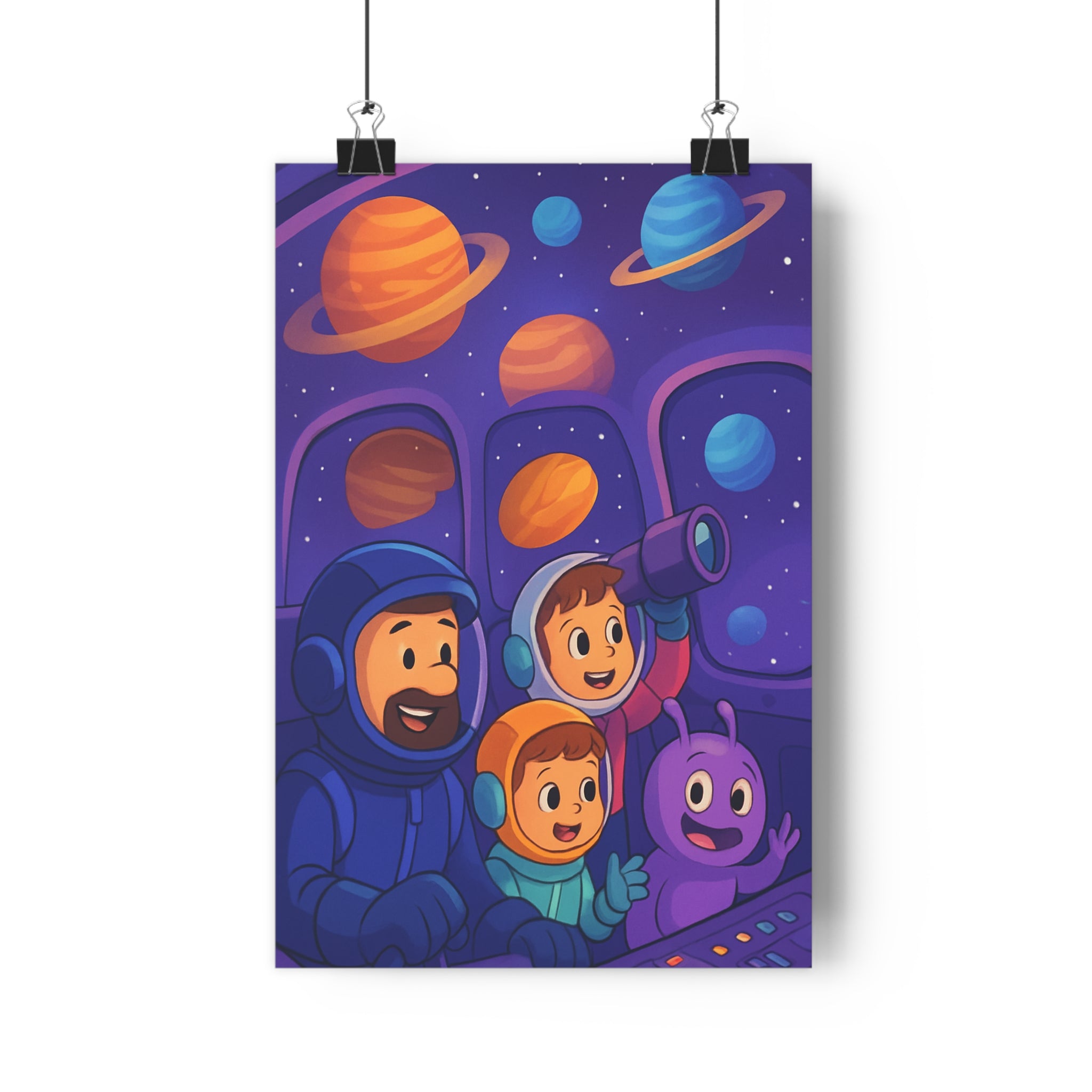 Poster décoratif cartoon galactique orange bleu joyeux chambre enfant aventure familial exploration cosmos étoiles