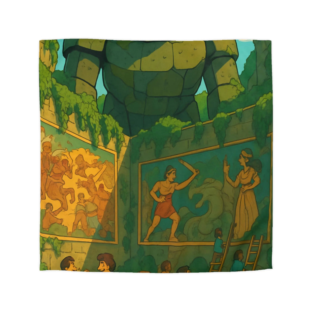 Enchantante parure de lit jardin fantastique avec golem géant et enfants joueurs colorés