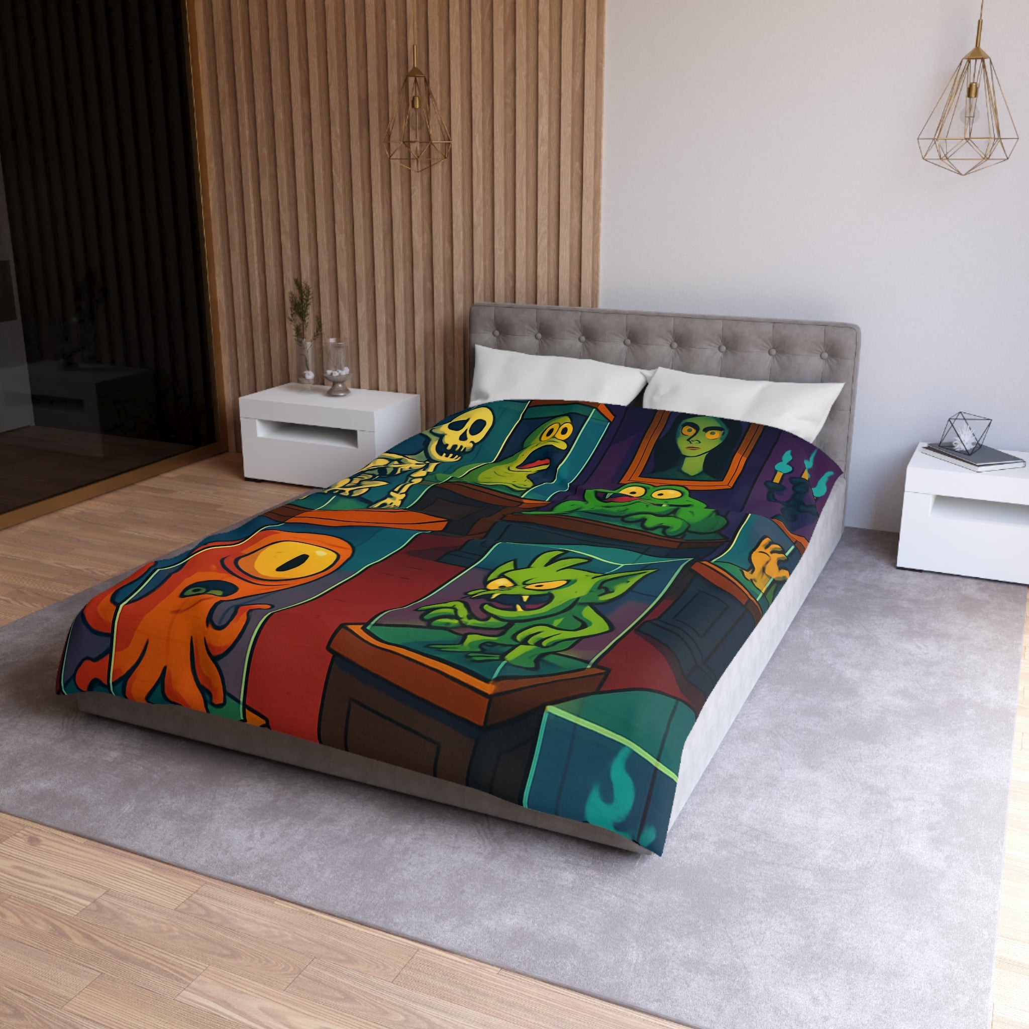 Housse de couette pour enfant avec monstres comiques dans un musée fantaisiste et coloré