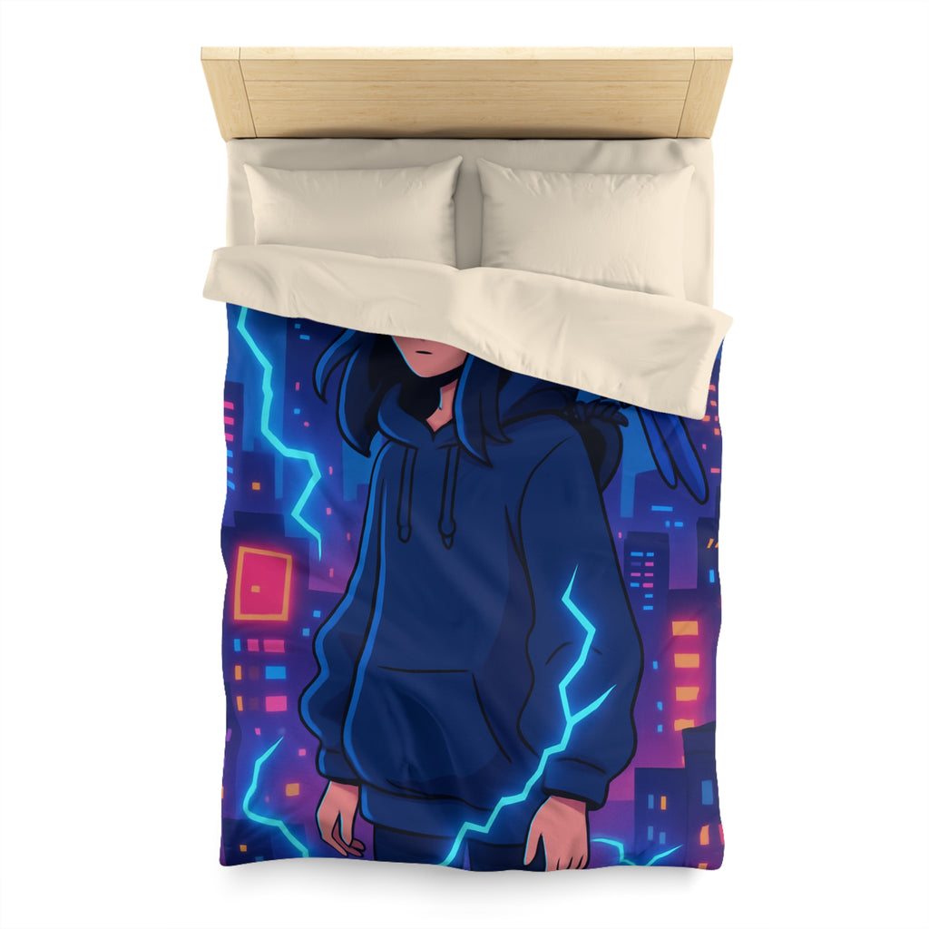 Tendance housse de couette bleu foncé avec motif urbain et perroquet électrique