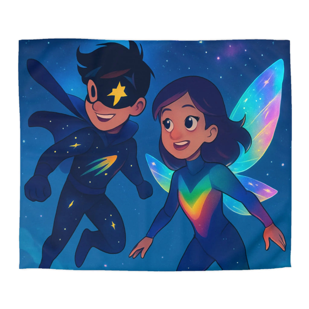 Housse de couette enfant illustrant super-héros lumineux volant au-dessus d’une ville étoilée
