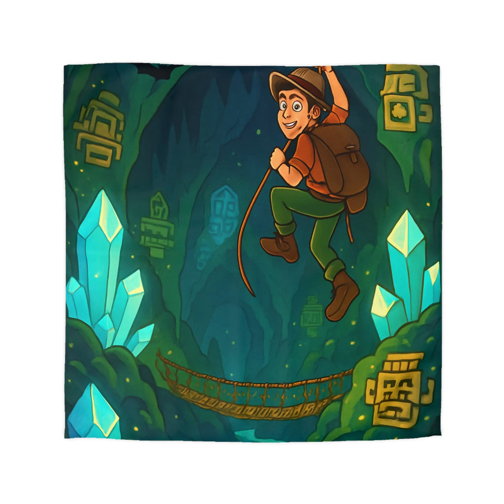 Explorateur suspendu dans une mystérieuse caverne remplie de cristaux et de mystères anciens