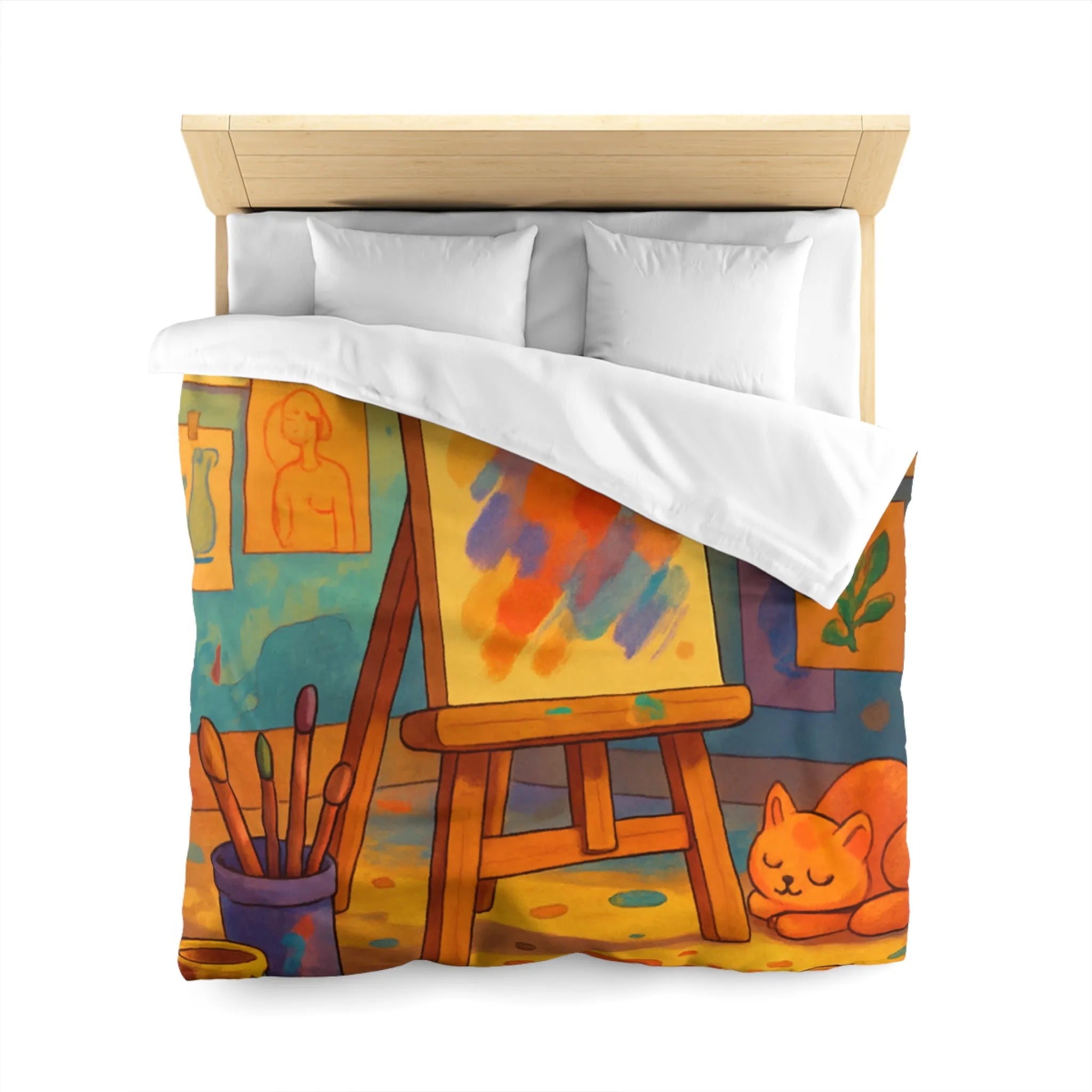 Housse de couette artistique colorée avec chevalet et chat pour une chambre cosy