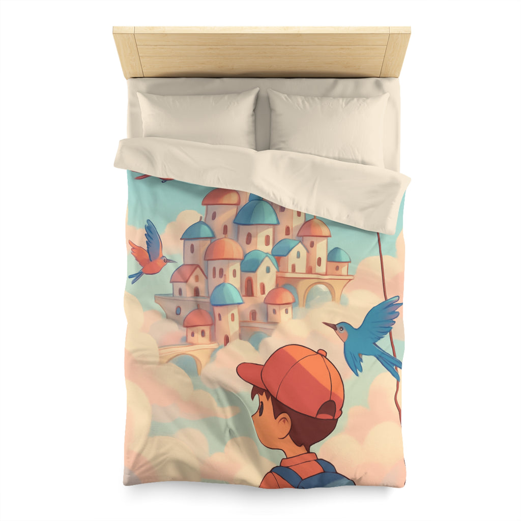 Housse de couette rêveuse avec enfant explorant un château céleste parmi les nuages