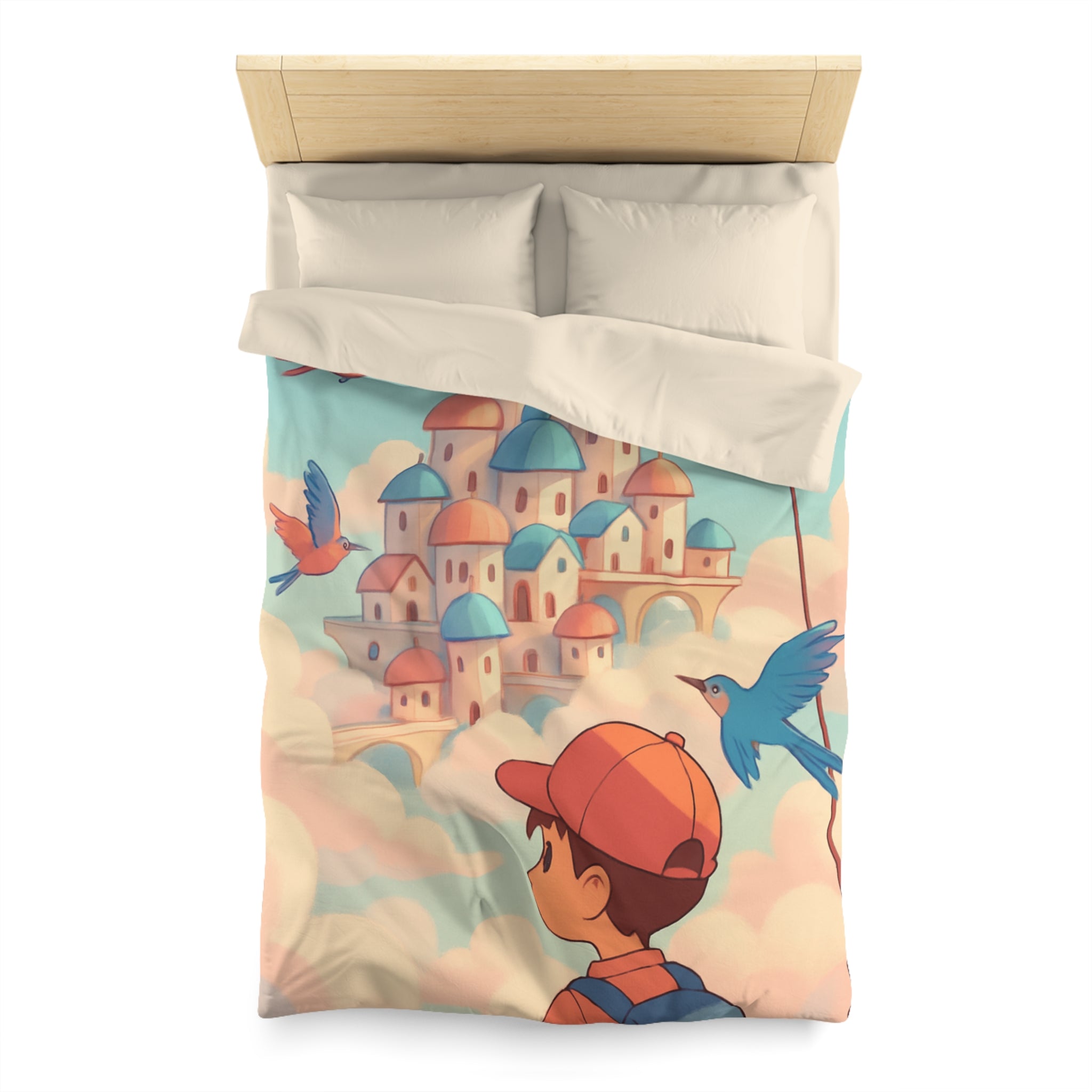 Housse de couette rêveuse avec enfant explorant un château céleste parmi les nuages