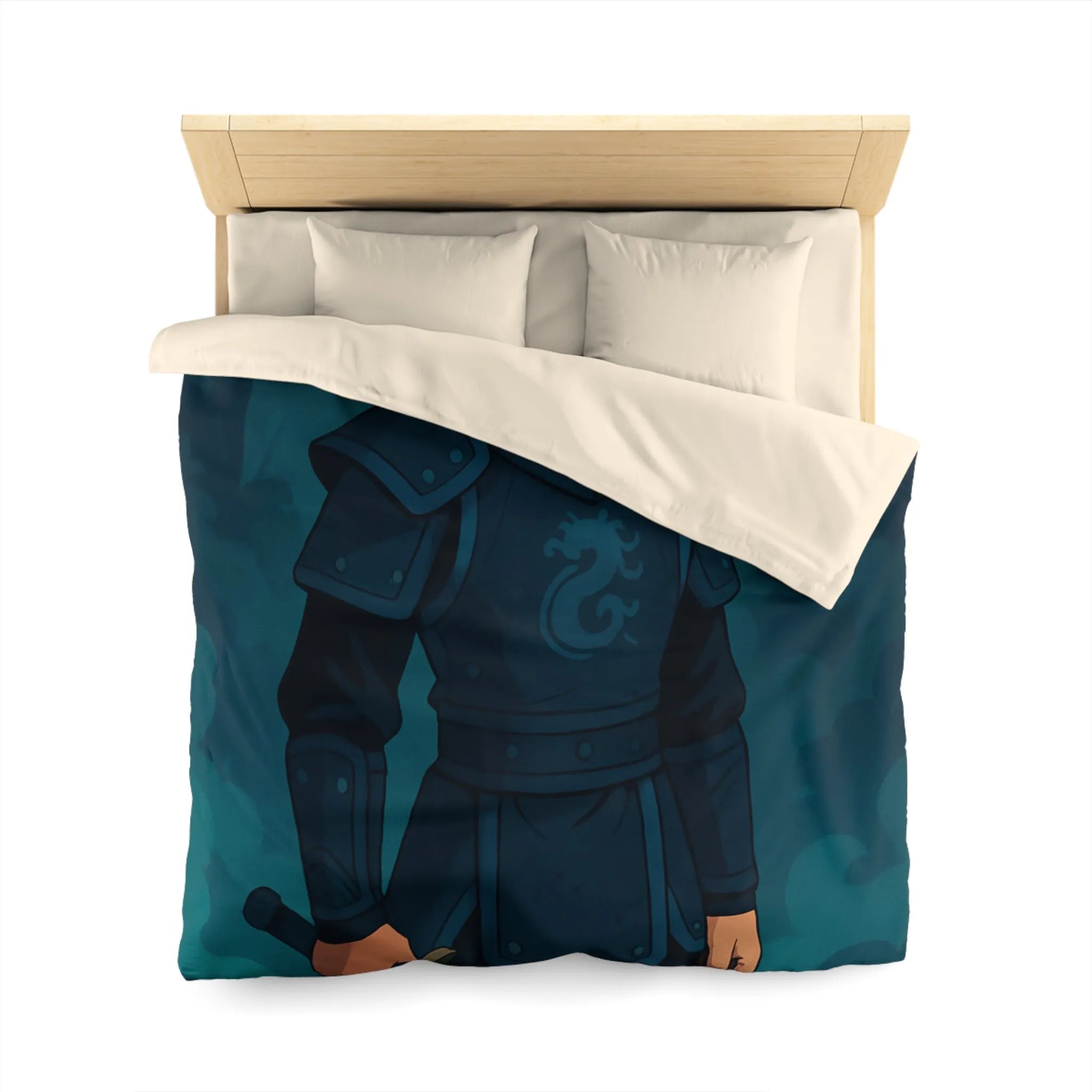 Housse de couette avec illustration guerrier en armure et épée dans la forêt magique