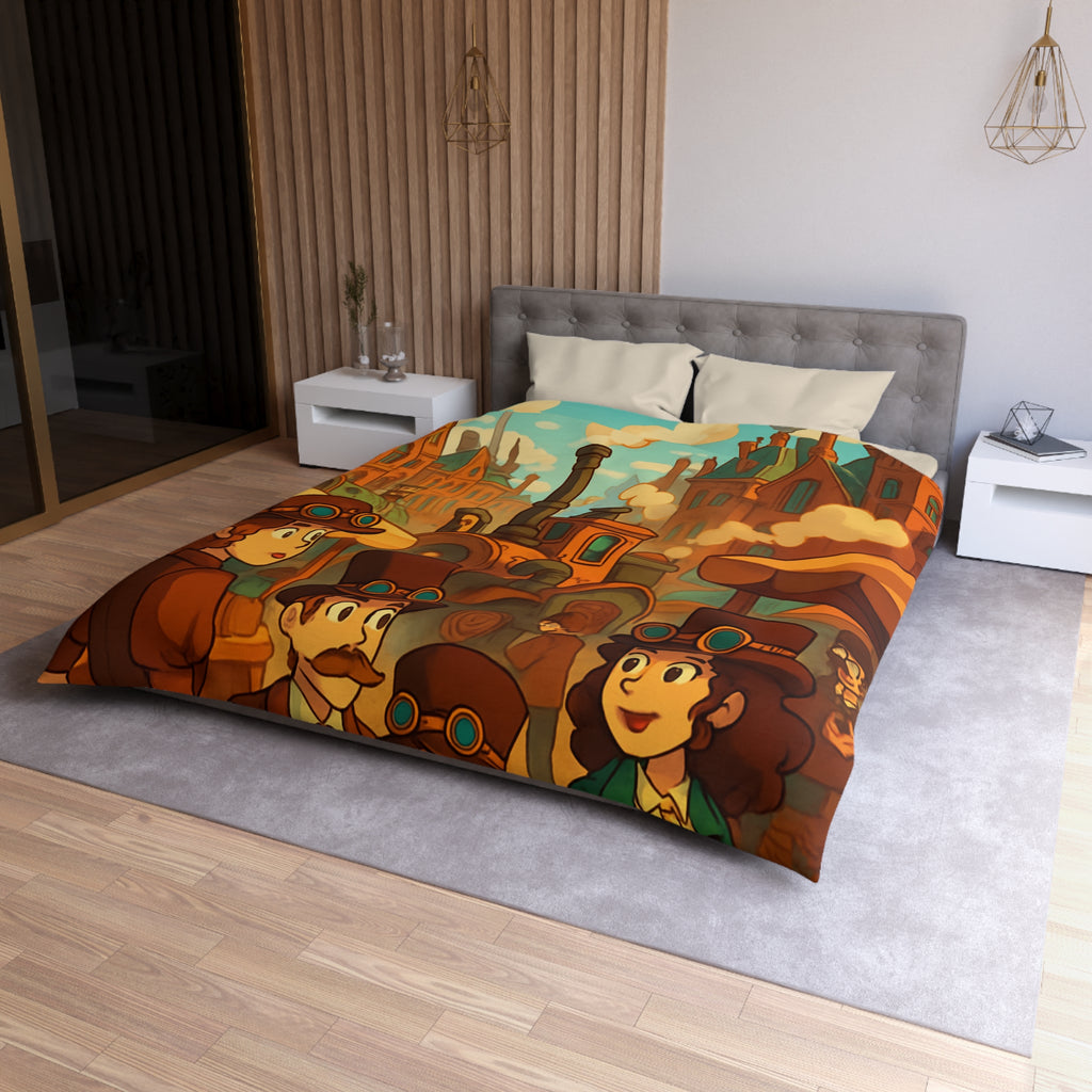 Housse de couette steampunk rétro avec famille, dirigeables et ville victorienne animée