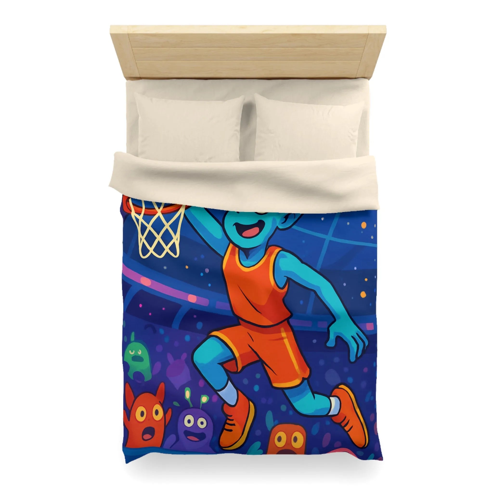 Housse de couette extraterrestre avec joueur de basket sous ciel planétaire coloré et vibrant