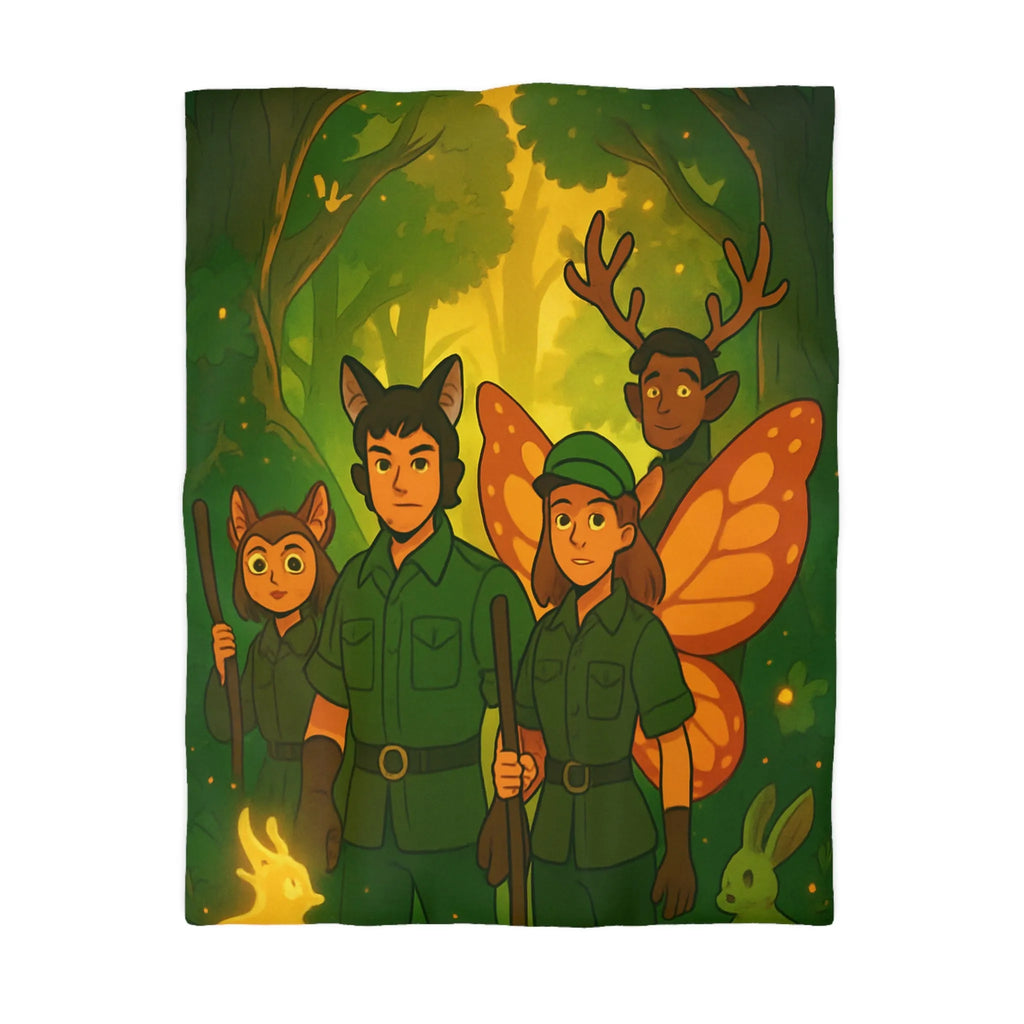 Housse de couette féerique avec gardiens de forêt, animaux magiques, ambiance verte et lumineuse