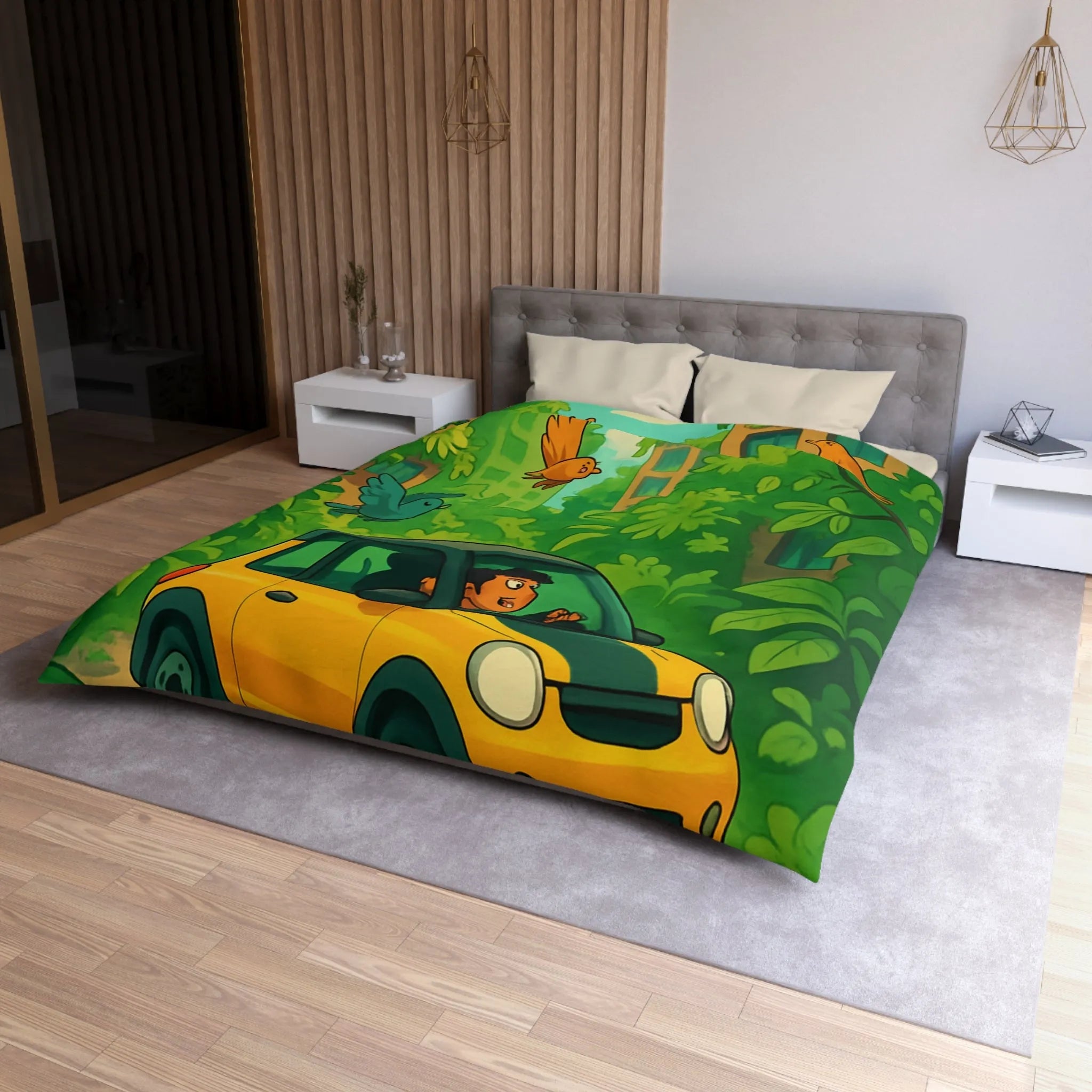 Housse de couette colorée avec voiture jaune et jungle luxuriante pour enfants aventureux