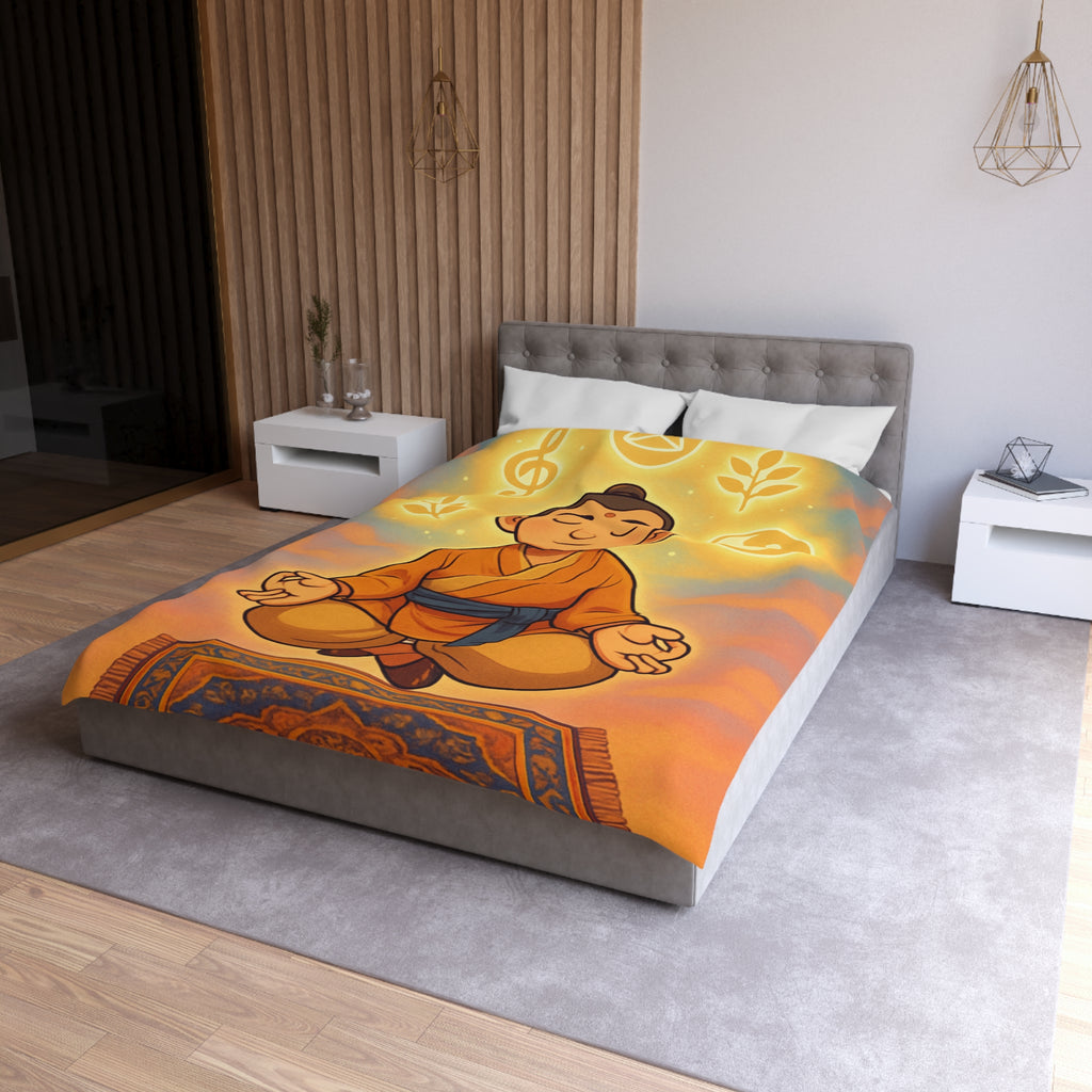 Housse de couette zen avec méditation, symboles spirituels, orange et bleu apaisant