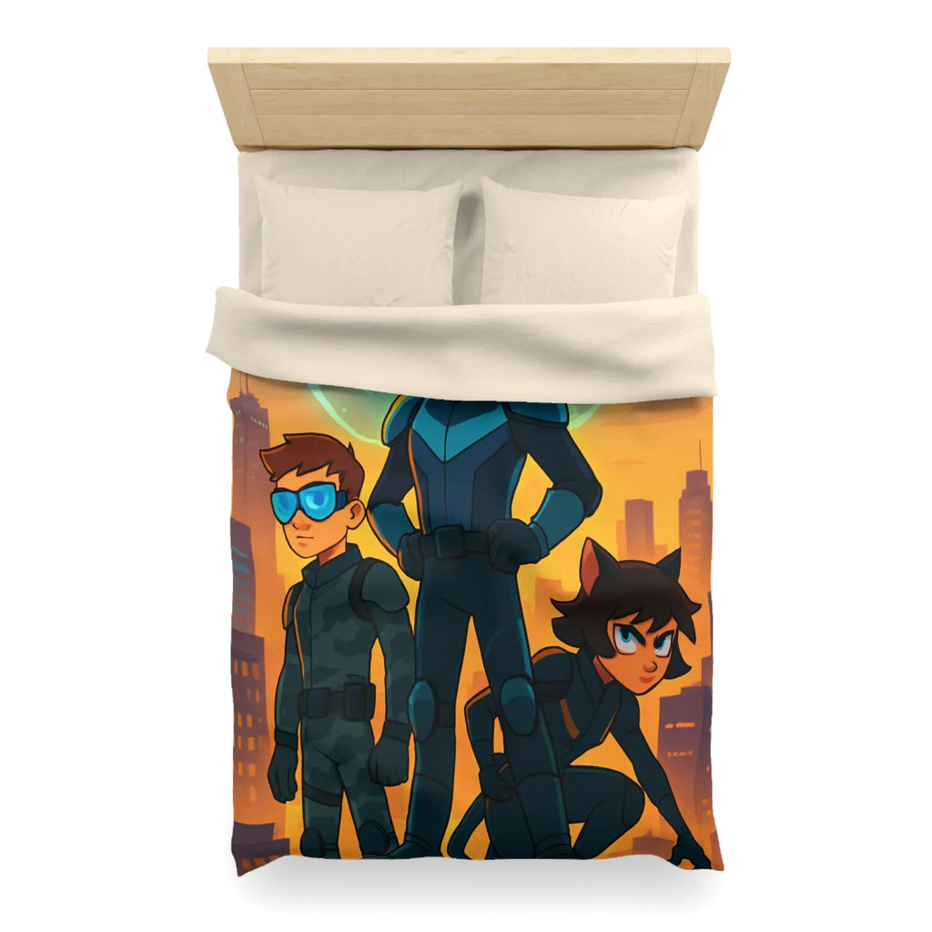 Ensemble d'aventure animé avec enfants héros sur fond urbain au crépuscule