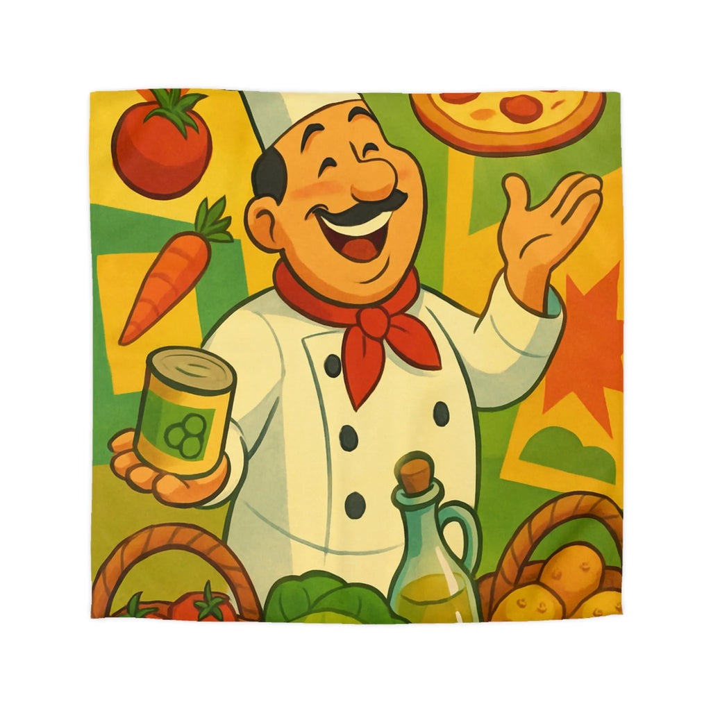 Housse de Couette Illustrée de Chef Heureux avec légumes et Pizza Méditerranéenne Colorée