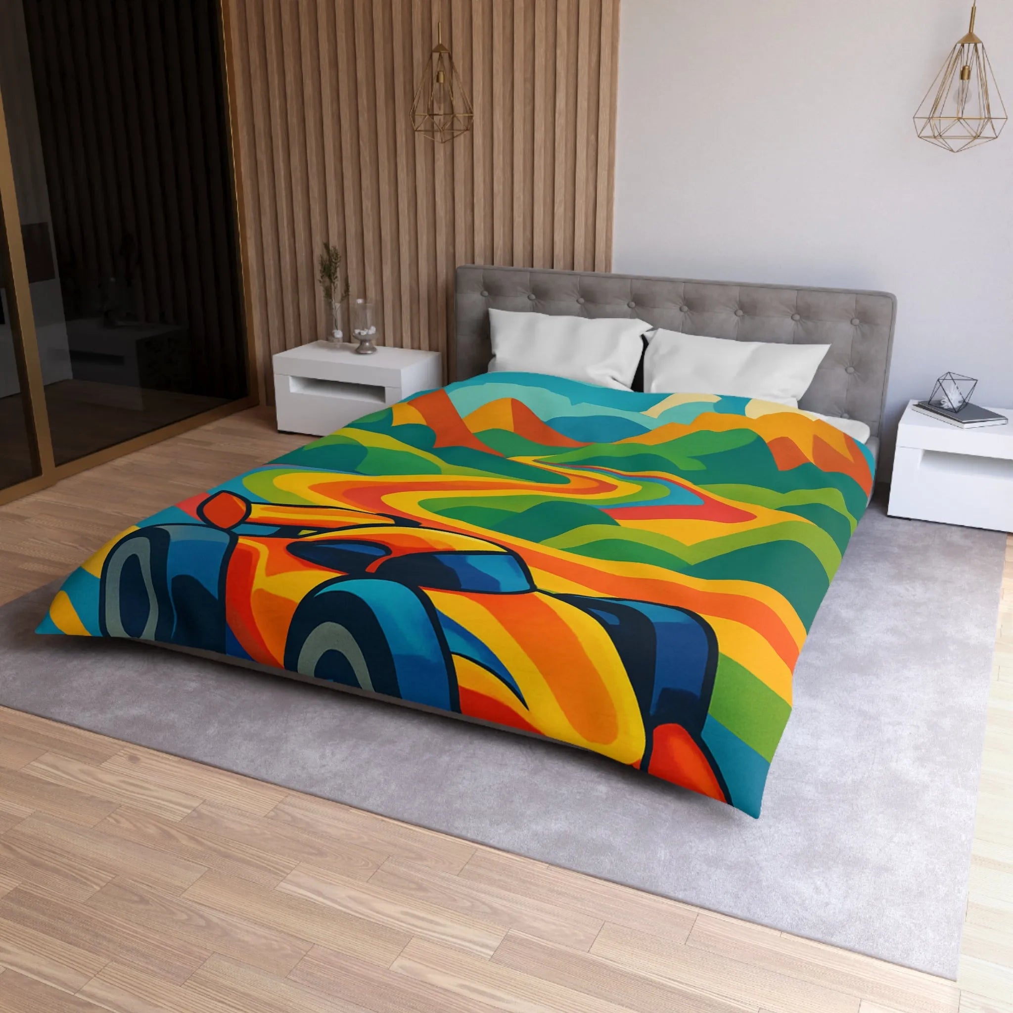 Housse de Couette Colorée avec Voiture de Course et Collines Arc-en-ciel Ensoleillées