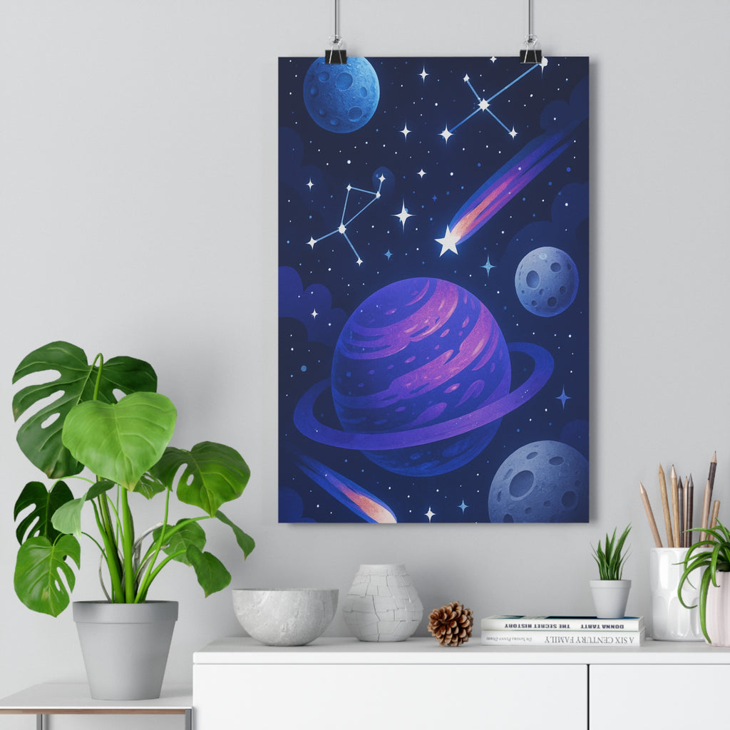 Poster décoratif céleste violet bleu nuit mystique salon chambre moderne univers espace comètes étoiles