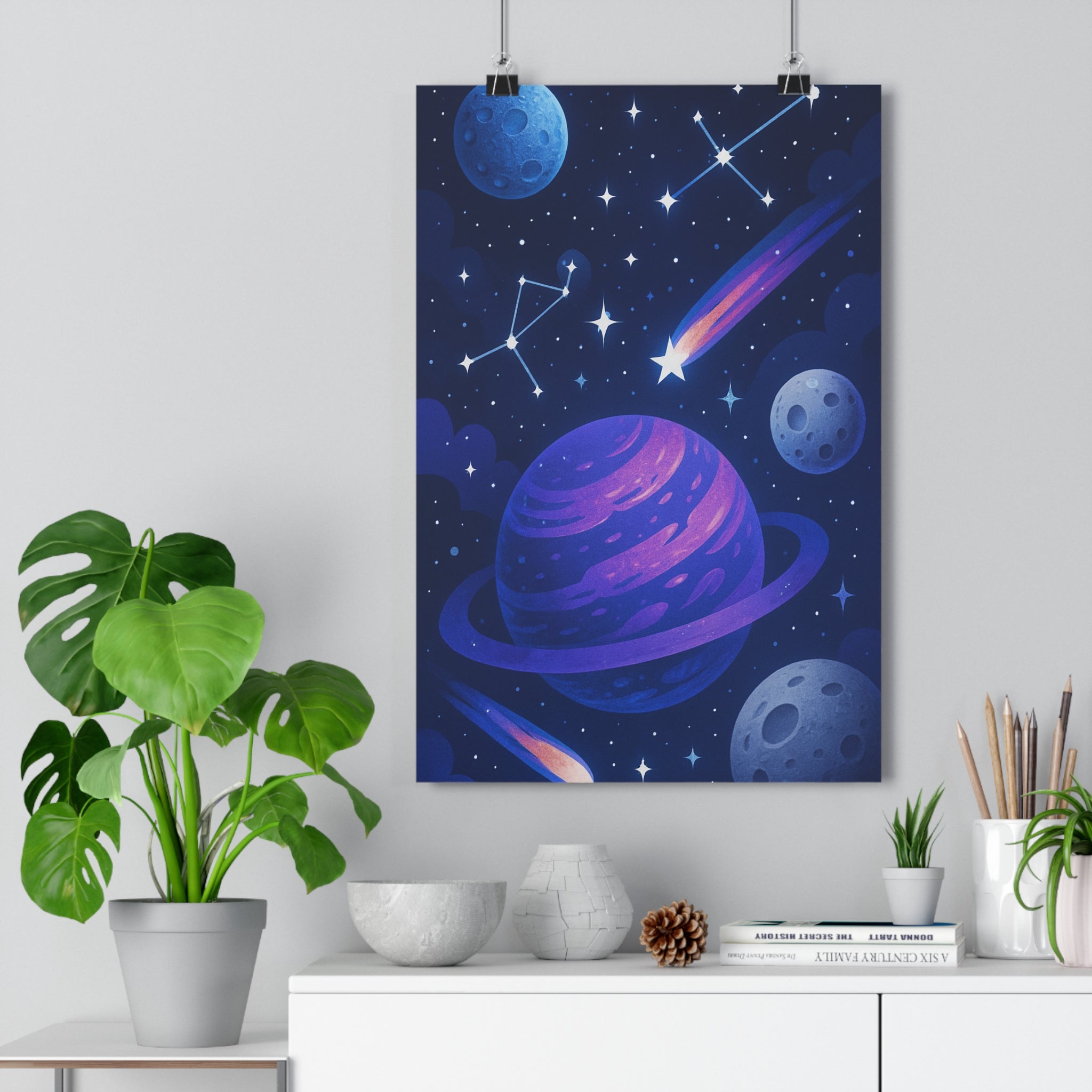 Poster décoratif céleste violet bleu nuit mystique salon chambre moderne univers espace comètes étoiles