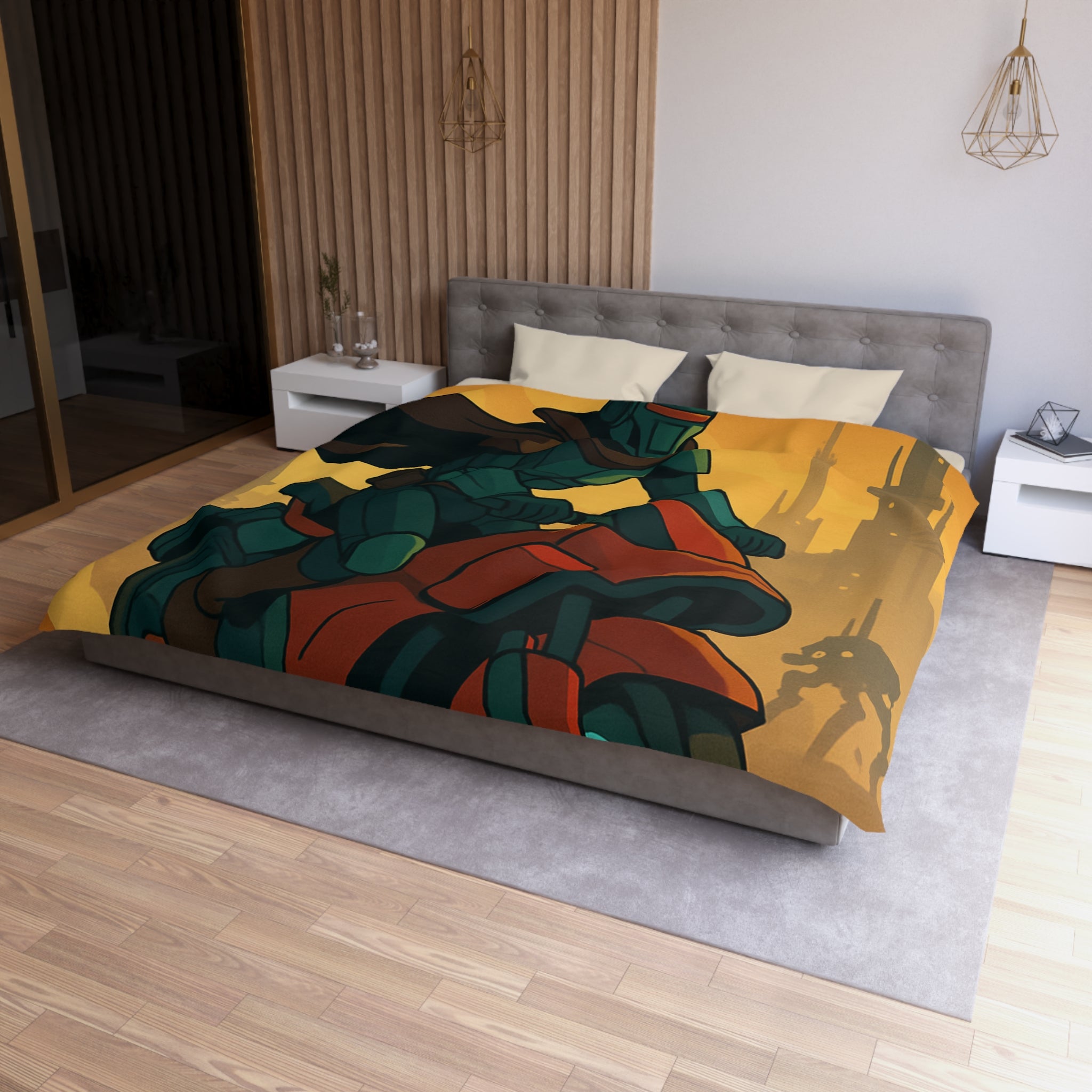 Housse de couette moto futuriste avec pilote en armure et paysage urbain orange