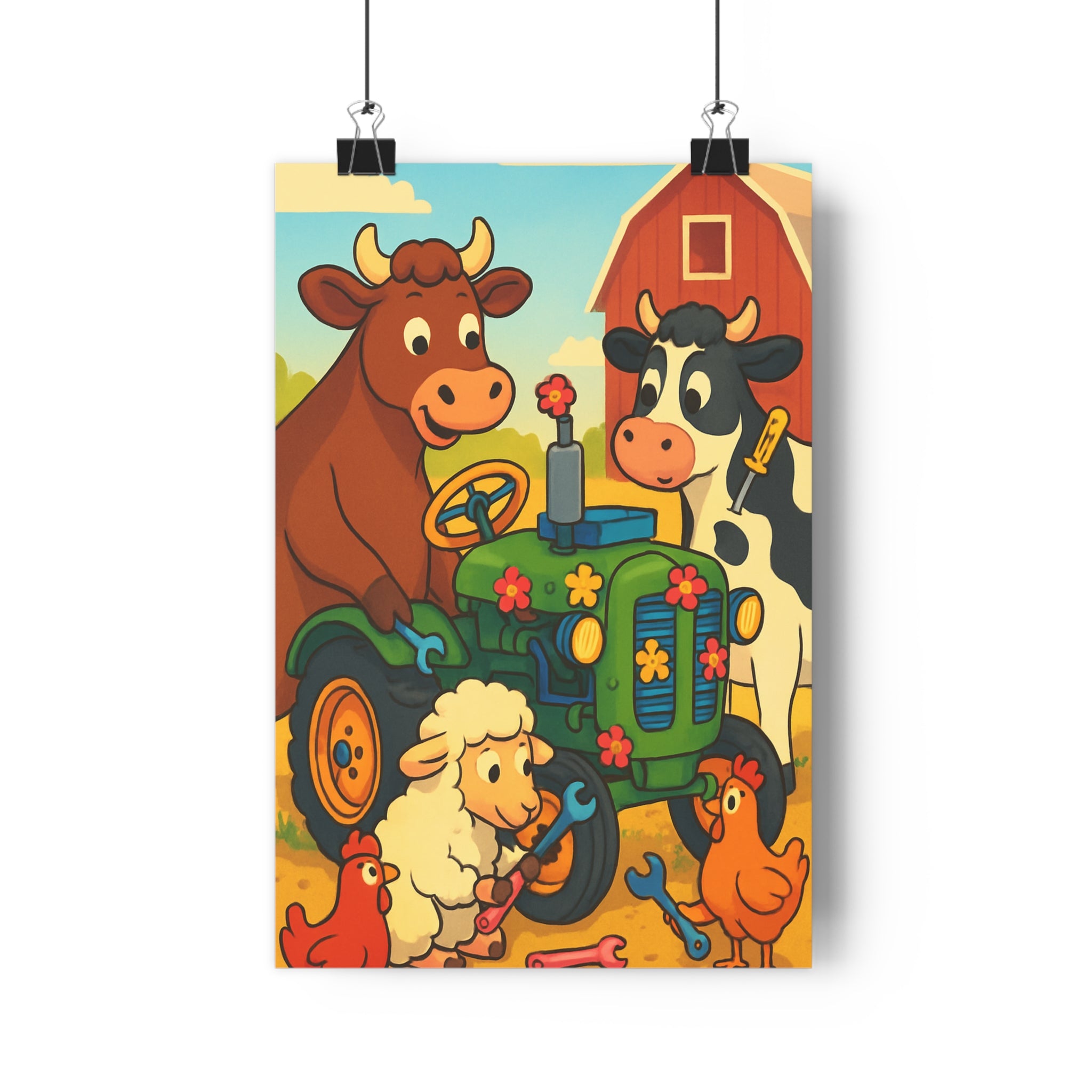 Poster décoratif cartoon vert rouge bleu joyeux chambre enfant ferme animaux coloré unique original