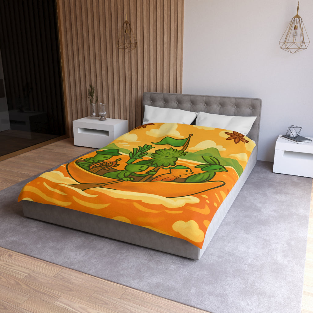 Housse de couette originale avec personnages verts naviguant sur mer orangée ludique