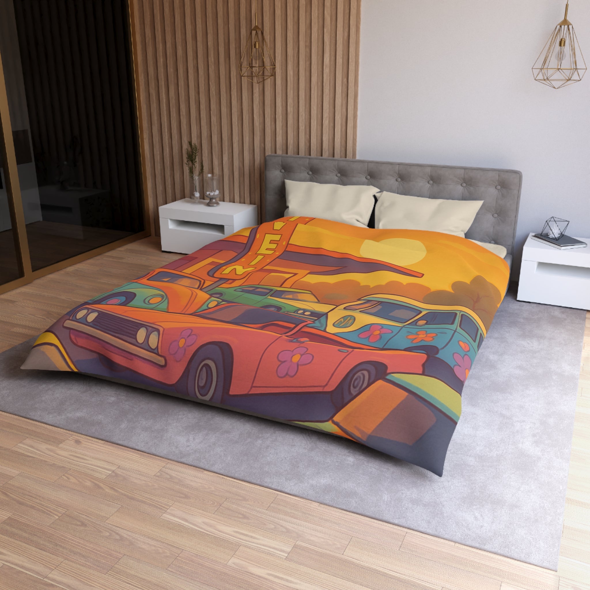 Vintage Style Housse de Couette Avec Anciennes Voitures et Coucher de Soleil Orange