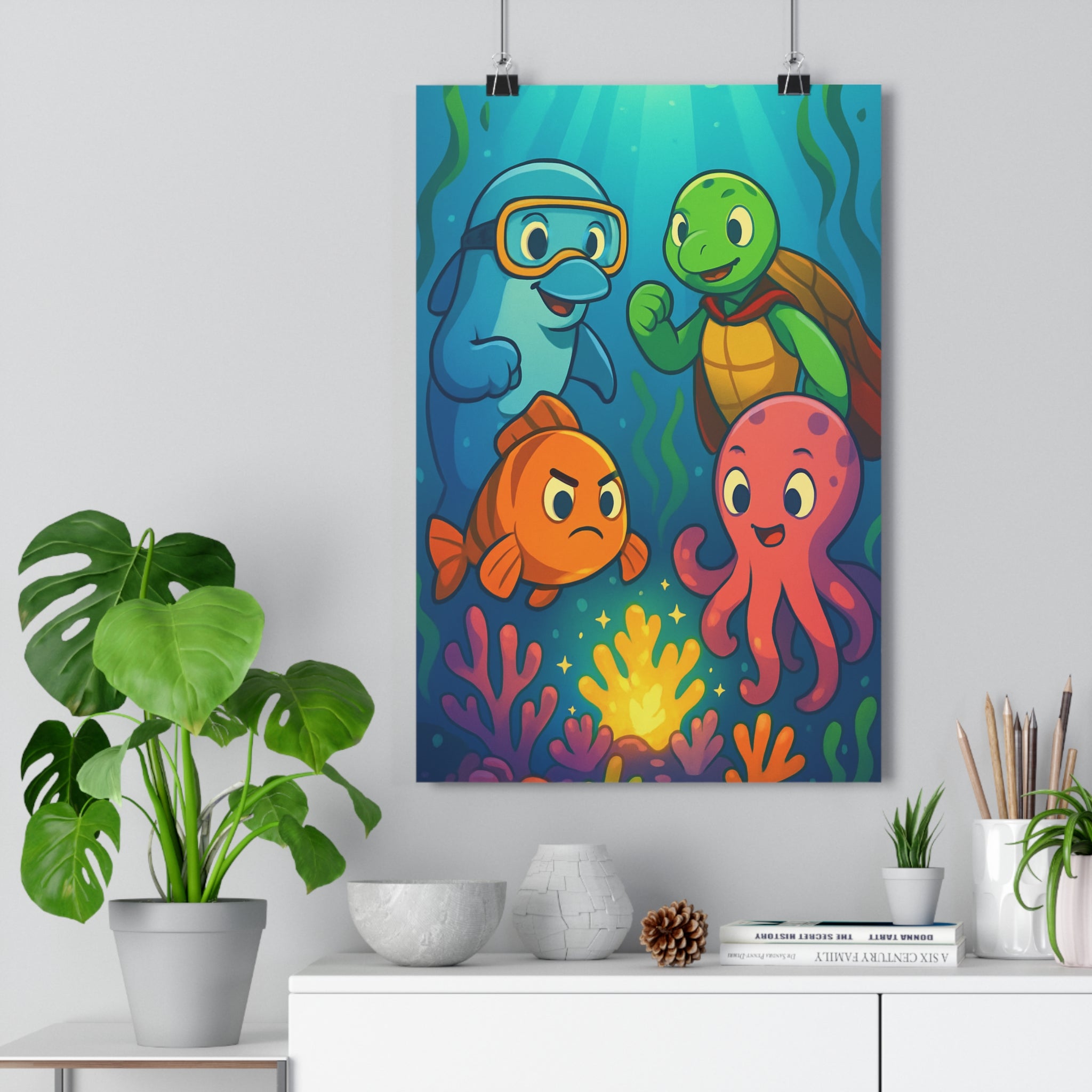 Poster décoratif cartoon couleurs éclatantes chambre enfant ludique vibrant joyeux dauphin tortue pieuvre coraux