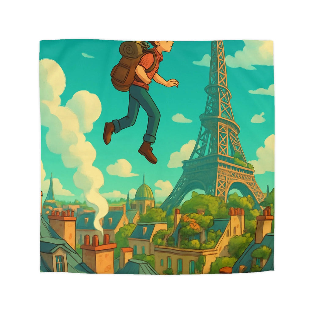 Enchanted Parisian Flight: Kid Floating Above Cityscape with Umbrella and Backpack