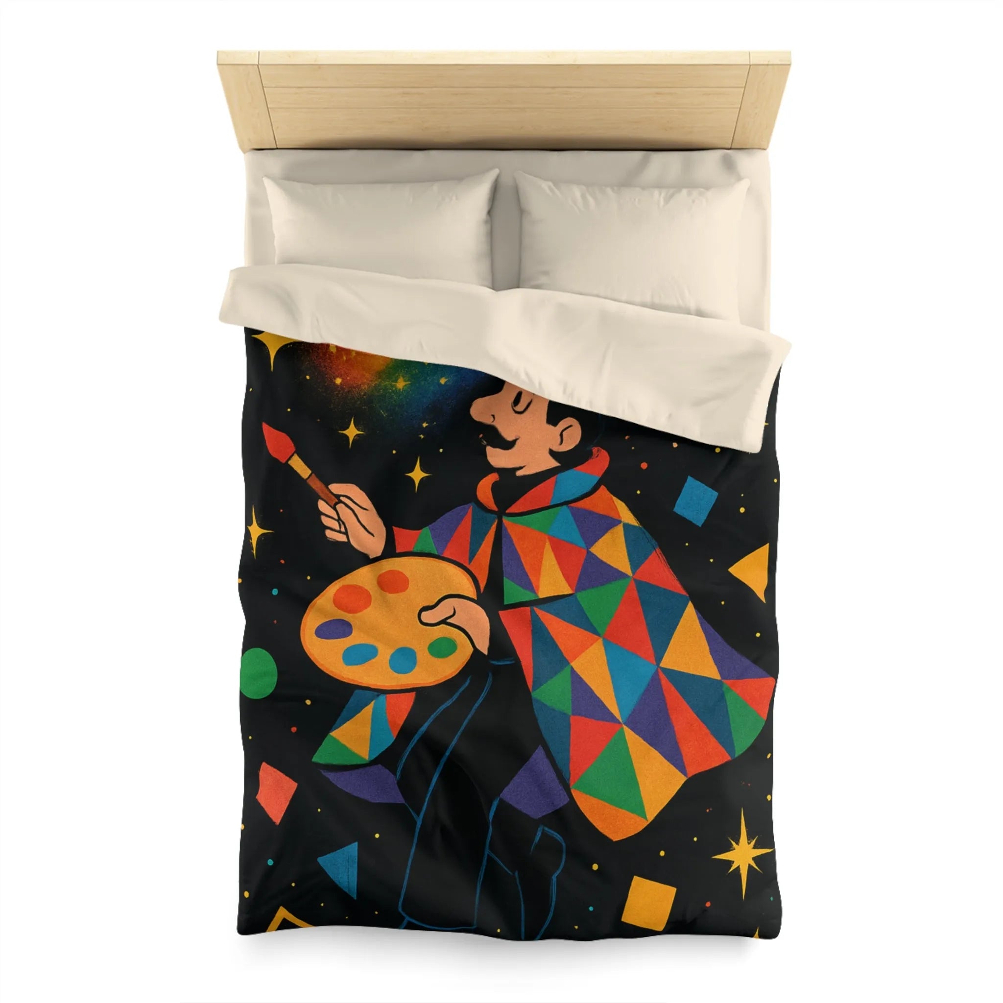 Housse de couette artiste colorée avec motifs géométriques et ciel étoilé magique