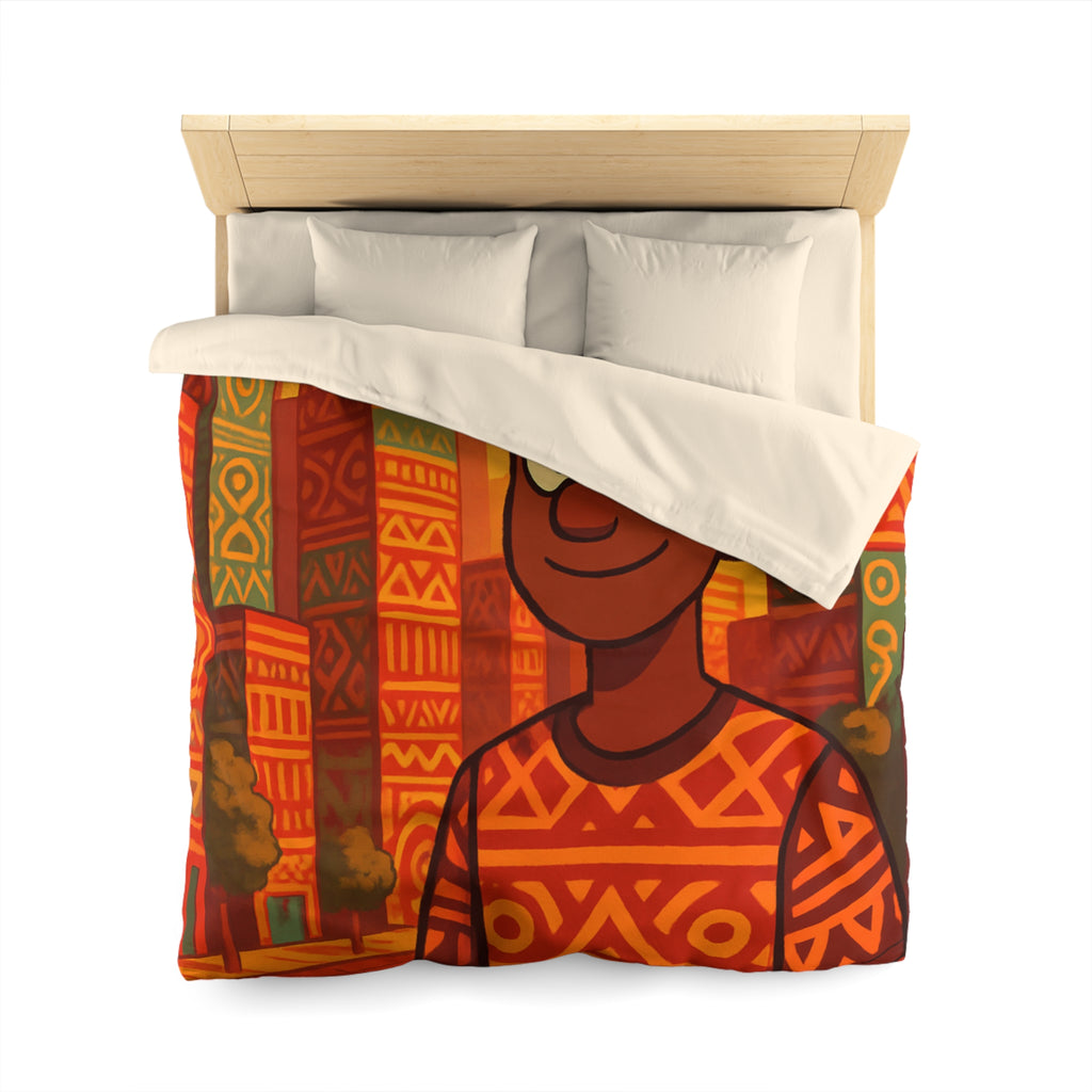 Housse de Couette Personnage Souriant avec Motifs Géométriques et Gratte-Ciel Colorés