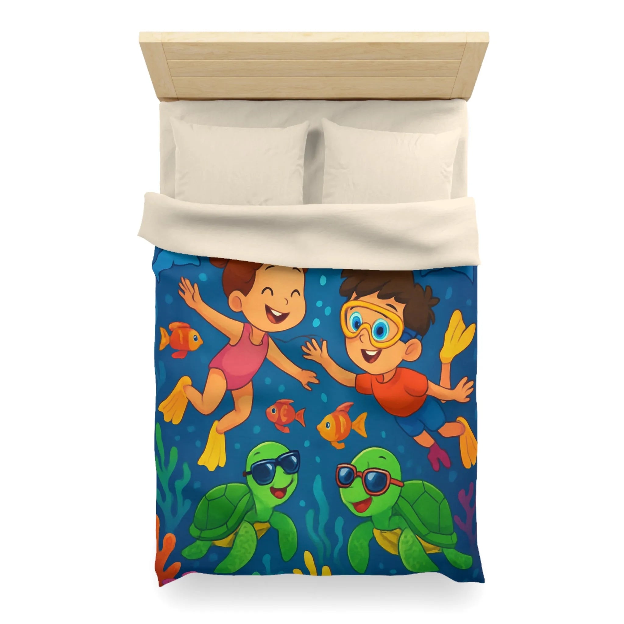 Housse de couette avec enfants nageant joyeusement dans océan vibrant avec animaux marins