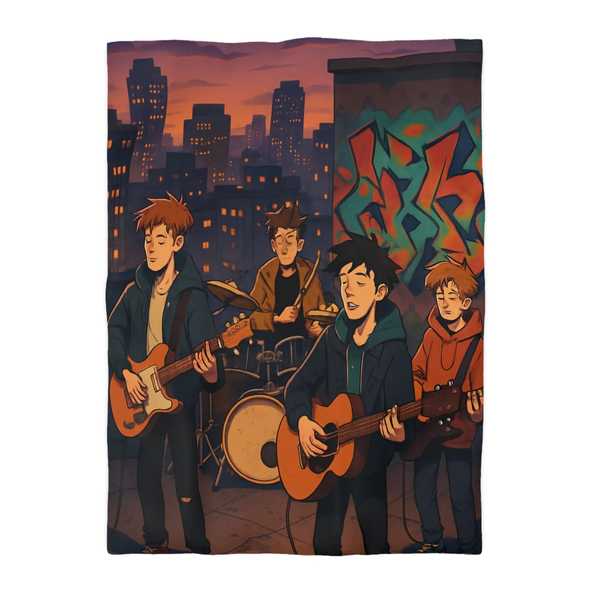 Housse de couette avec illustration de groupe jouant sur toit urbain au crépuscule