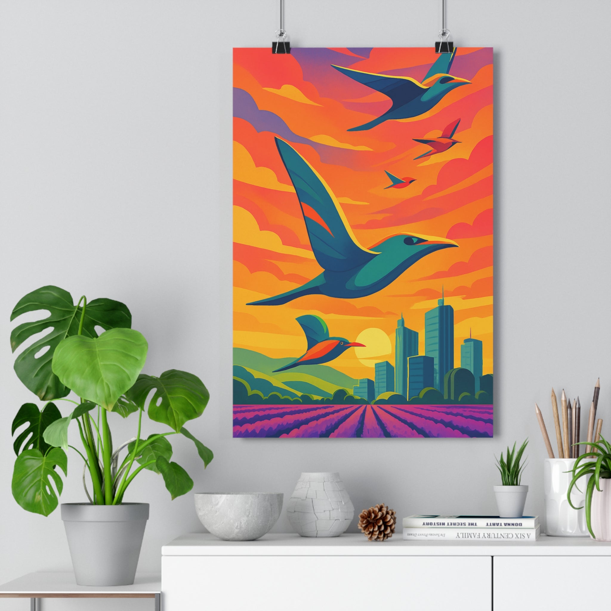Poster décoratif moderne futuriste violet orange chambre salon ambiance vibrante optimiste nature oiseaux stylisés
