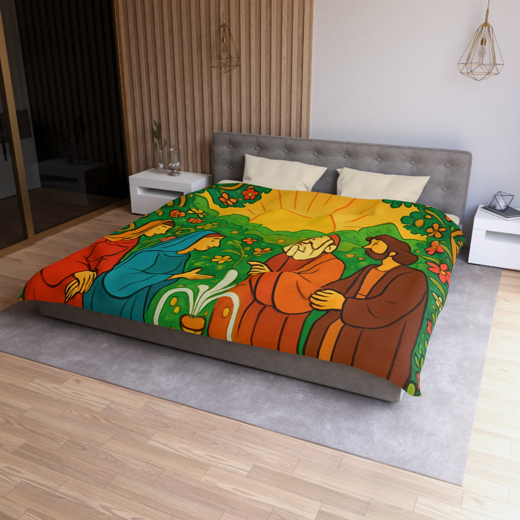 Housse de couette vibrante avec scène florale colorée et figures en discussion harmonieuse