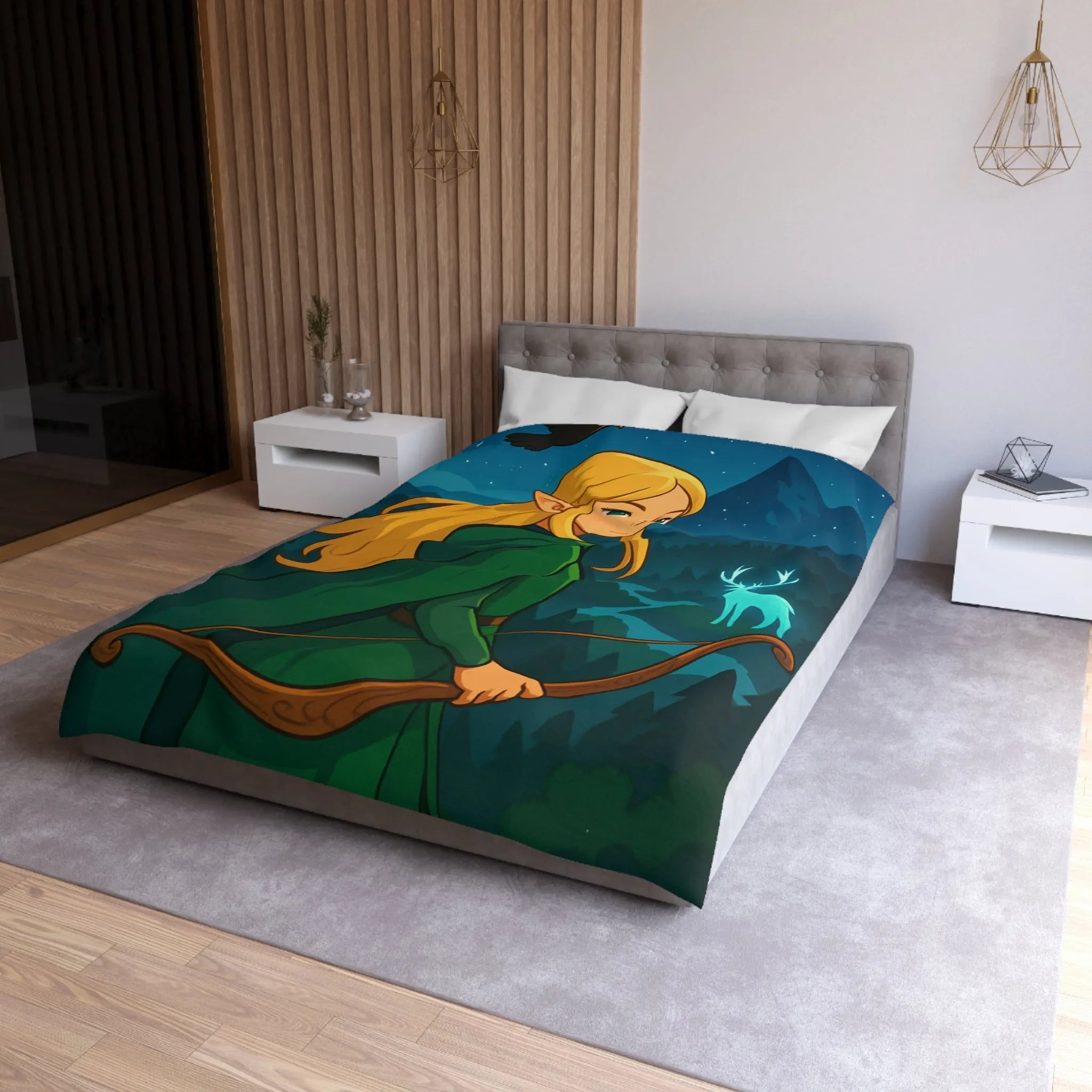 Housse de couette avec elfe archère, cerf lumineux, forêt montagneuse et ciel étoilé