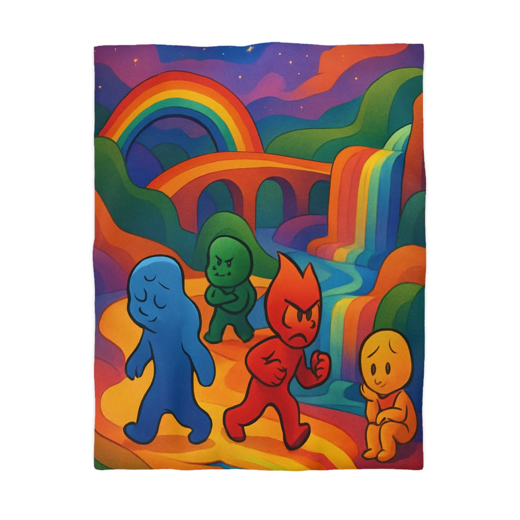 Housse de couette arc-en-ciel vibrante avec personnages colorés et cascade sereine