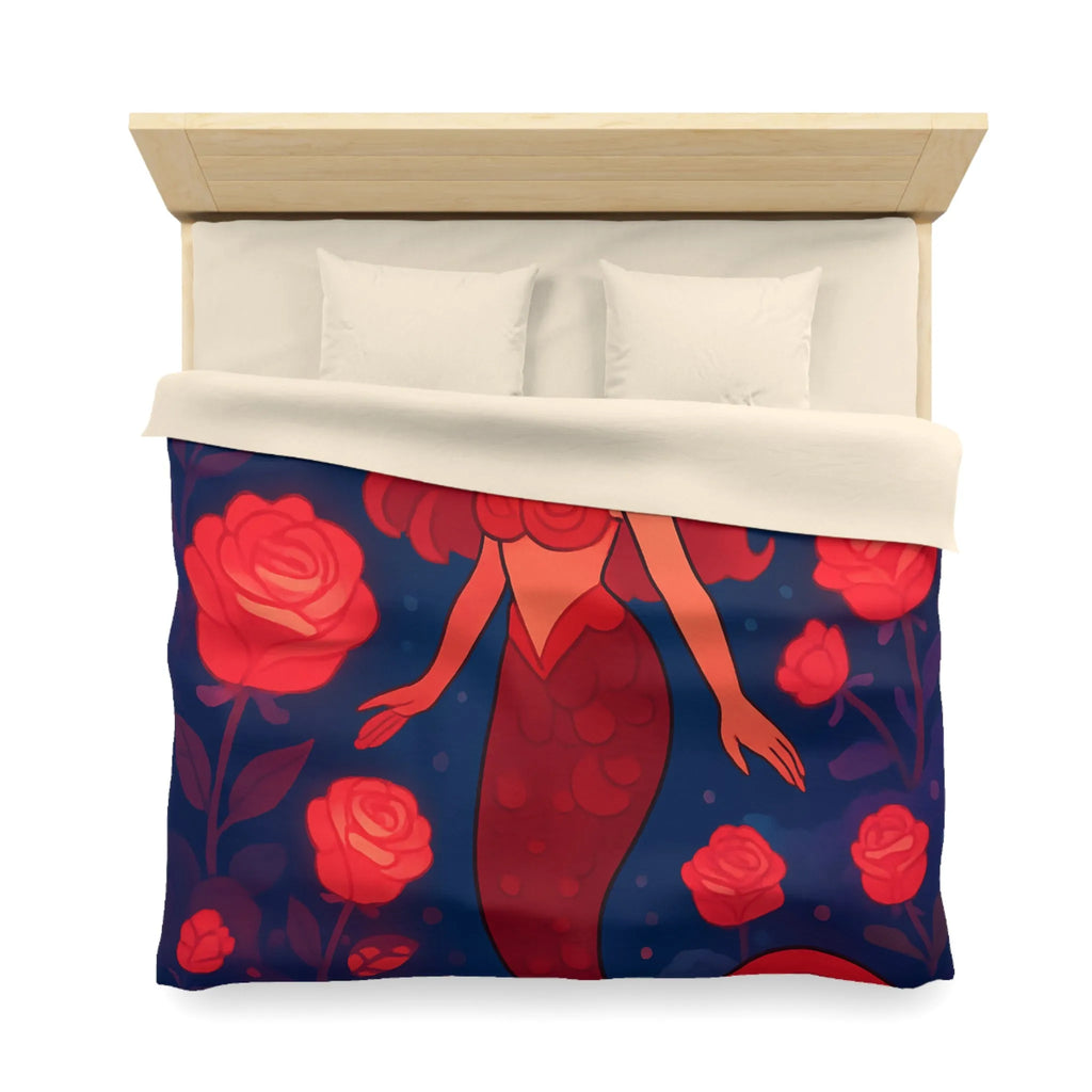 Enchantante scène de sirène rouge entourée de roses lumineuses et poissons fascinants