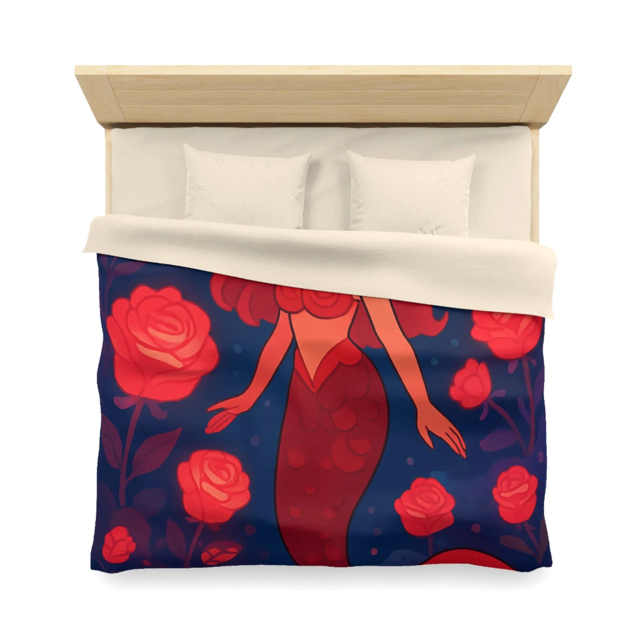 Enchantante scène de sirène rouge entourée de roses lumineuses et poissons fascinants