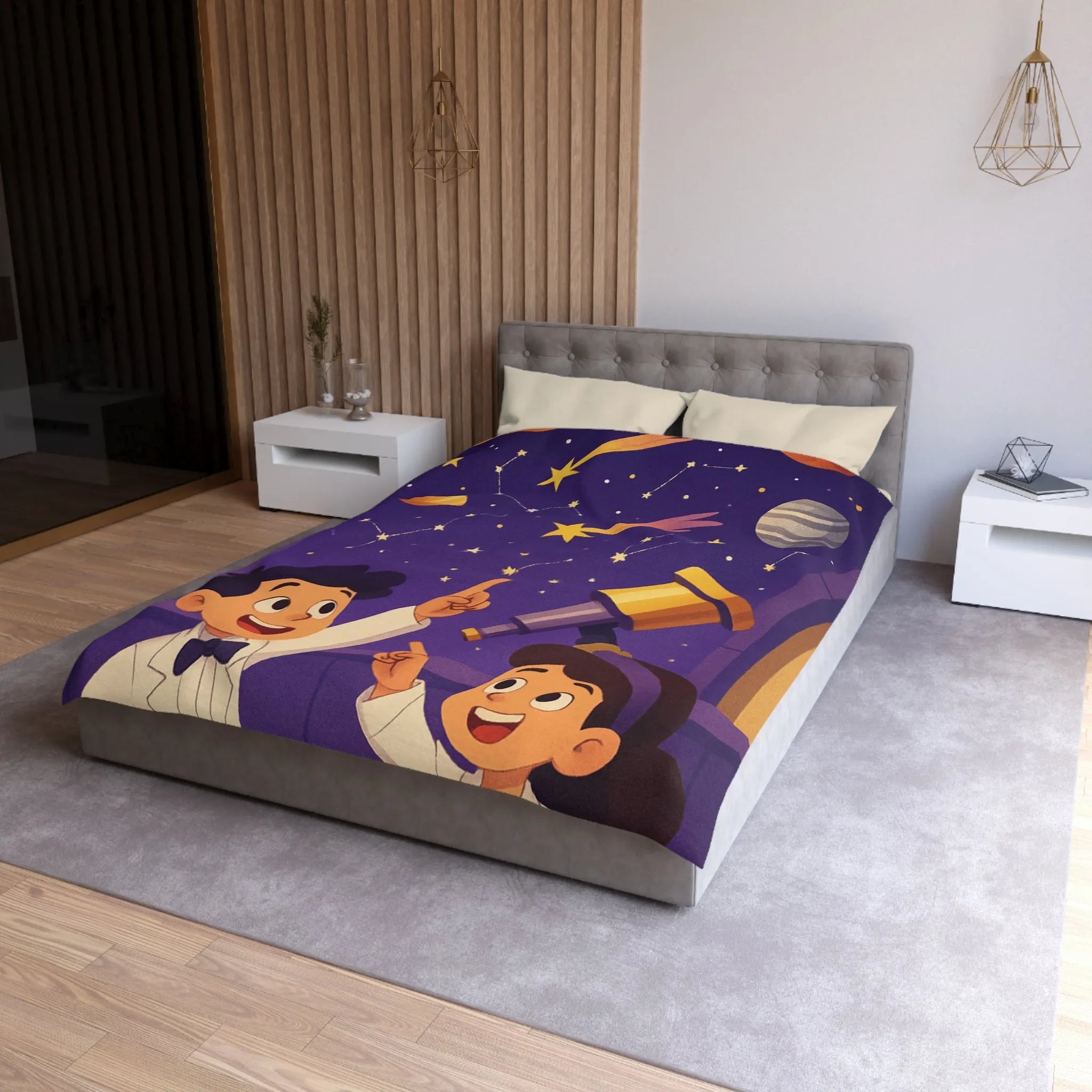 Housse de couette enfantine inspirée de l’astronomie avec planètes et étoiles colorées